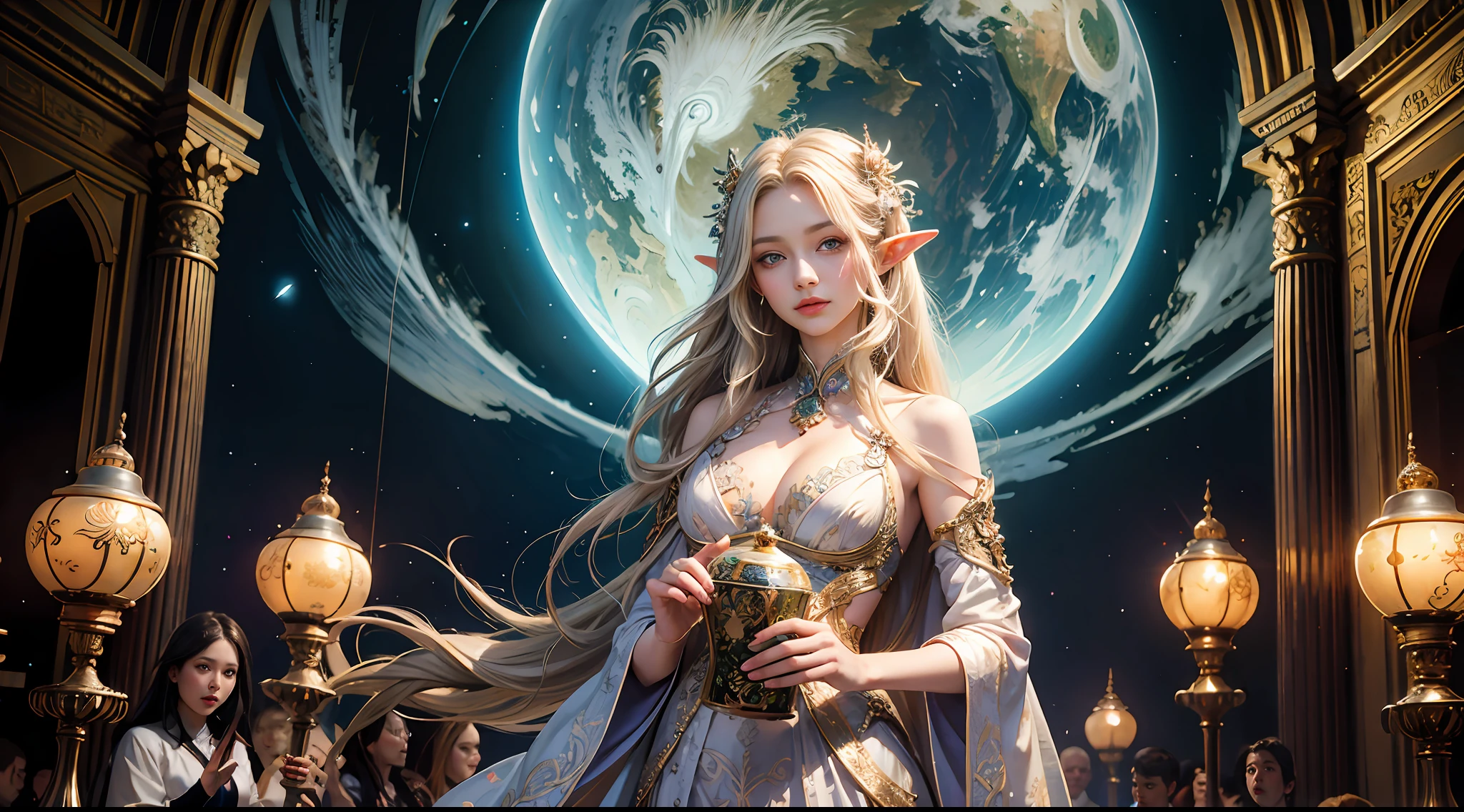 offcial art,统一 8k 壁纸,ultra - detailed,Beauty and aesthetics,high high quality,female elf,tmasterpiece,Best quality at best,(zentangle,datura,Tangles,entangled:0.6),palaces,Large breasts,magnificent robe,Complex patterns,magia