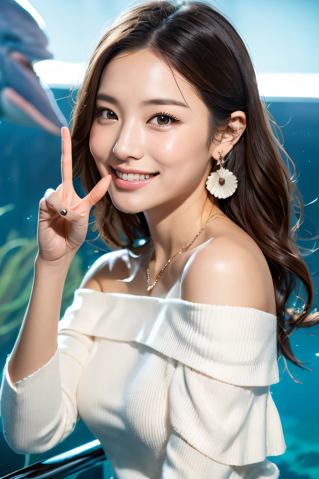 (masterpiece:1.3), high resolution, ultra detailed, extremely detailed CG unity 8k wallpaper, realistic, photo-realistic, RAW photo, beautiful detailed face, pale skin, realistic glistening skin, detailed cloth texture, detailed hair texture, Perfect Style, Beautiful Face, accurate, Anatomically correct, Highly detailed face and skin texture, natural neck length, (thin and beautiful fingers), 
BREAK, 
Detailed eyes, symmetric eyes, Brown eyes, Double eyelids, Thin eyebrows, (Glossy lips:1.4), (smile:1.1), 
BREAK, 
((Innocent and Cute girl:1.3)), ((wearing a off-shoulder White blouse:1.4)), (beautiful clavicle), (Gold strings belt), (denim pants:1.2), (cross strap high heels:1.2), 
(necklace, bracelet), ((clutch bag over shoulder, large hoop earrings, pinky ring:1.2)), (beautiful blue nails)
BREAK, 
Layered Hairstyle, (brown hair:1.2), (wavy hair:1.2), medium long hair, 
large breasts, (firm breast), (nicely shaped breasts:1.1), 
BREAK, 
((peace sign pose In front of the dolphin show venue of aquarium:1.2)), (looking at viewer), 
BREAK, 
((Upper body:1.2)), (Focus on face:1.2), (from side),
