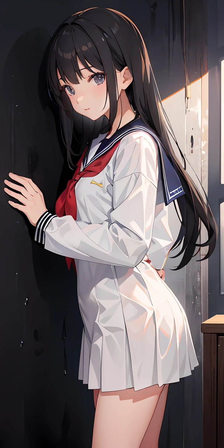 1人、A dark-haired、mischief、portlate、realisitic、a sailor suit、(schools)、side lights、wall-paper、nsfw、