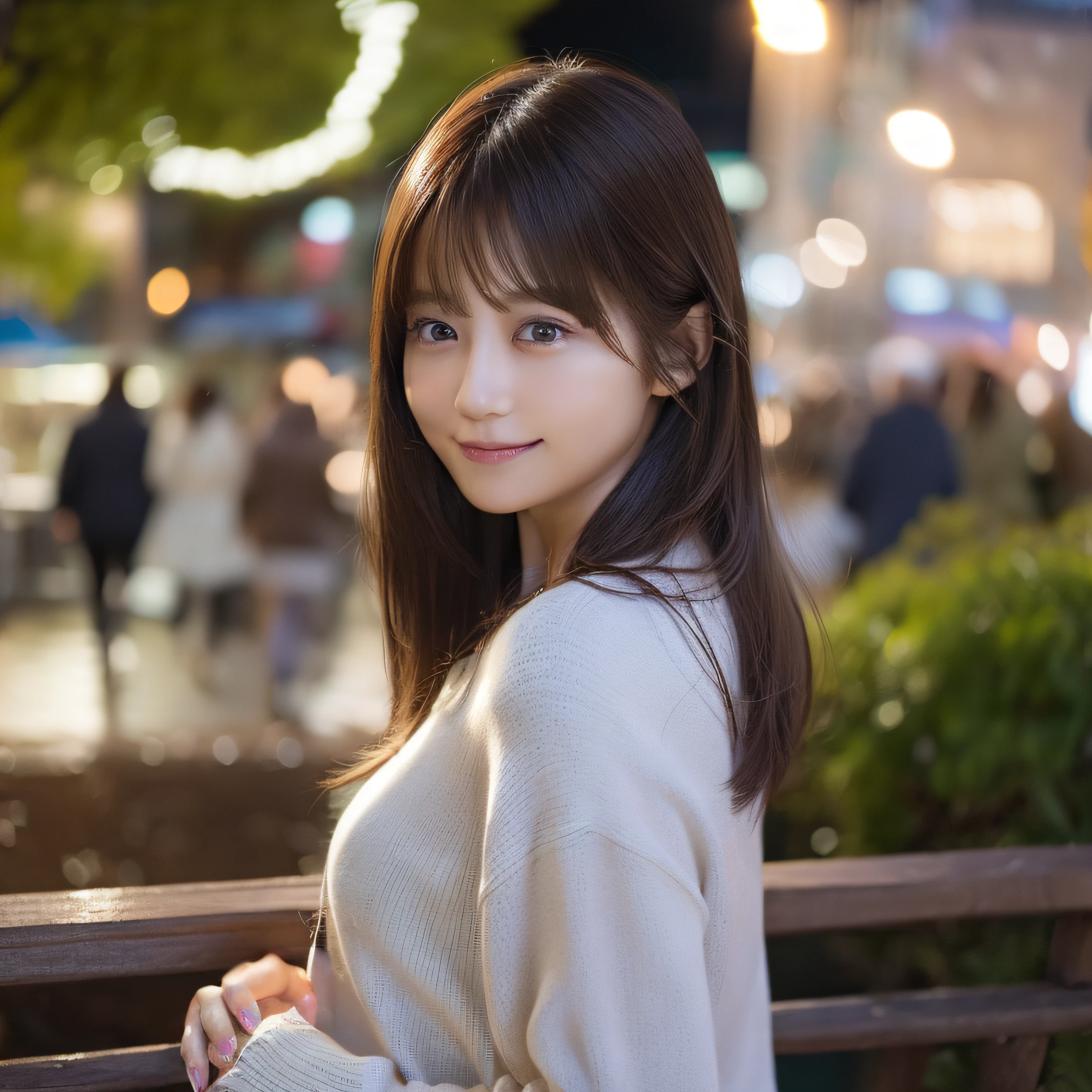 8K,Best Quality, 超A high resolution, (Photorealistic:1.4), Raw photo, (upper thigh, From Side:1.1), (Bokeh:1.4), (in a suite:1.4),Waterside Cafe, 1日本人の女の子, Cute, (Solo:1.6), (Shy smile), (Dark brown eyes), Smooth skin, (Brown medium hair,Bangs), (touch hair:1.4),nogizaka,a park,Fashionable clothes、Standing、Beautiful fingers