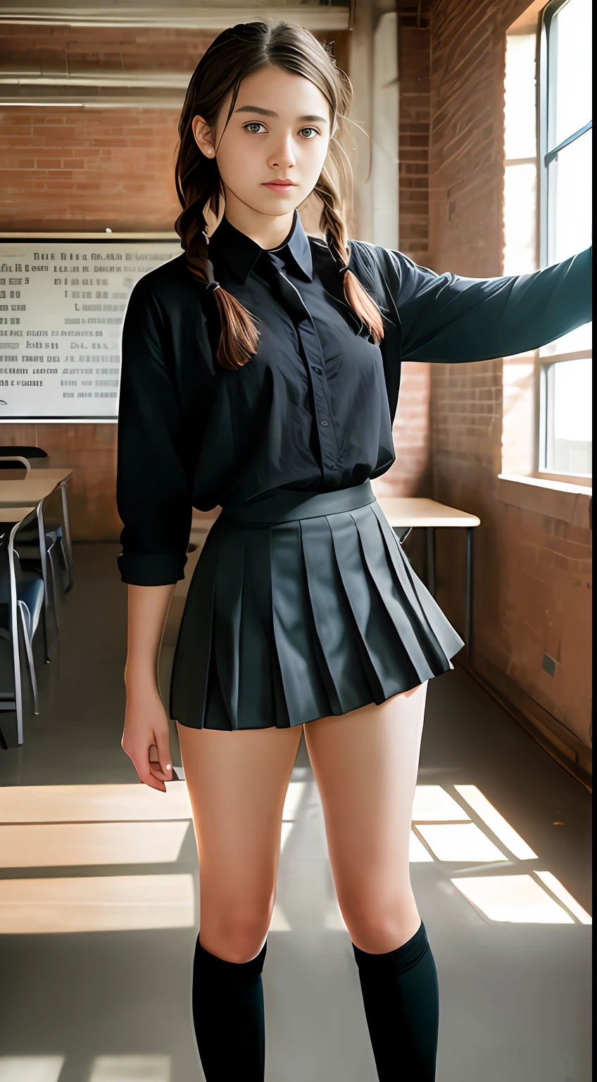 Beautiful young Ellen, pleated skirt, dark tights, Uwabaki, from The Last of Us part 1, game, hyperrealistic, 14 years old, model body, small breasts, beautiful breasts, long hair, braided hair, long legs , 8k, detailed scenery, classroom full of students, fire, sunlight sun, ambient lighting