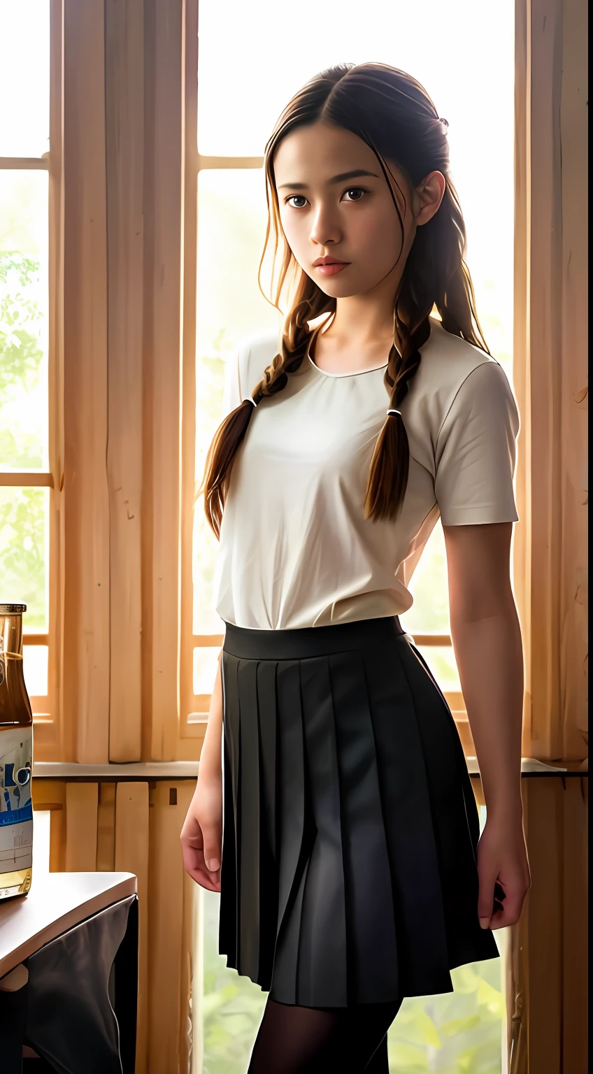Beautiful young Ellen, pleated skirt, dark tights, Uwabaki, from The Last of Us part 1, game, hyperrealistic, 14 years old, model body, small breasts, beautiful breasts, long hair, braided hair, long legs , 8k, detailed scenery, classroom full of students, fire, sunlight sun, ambient lighting