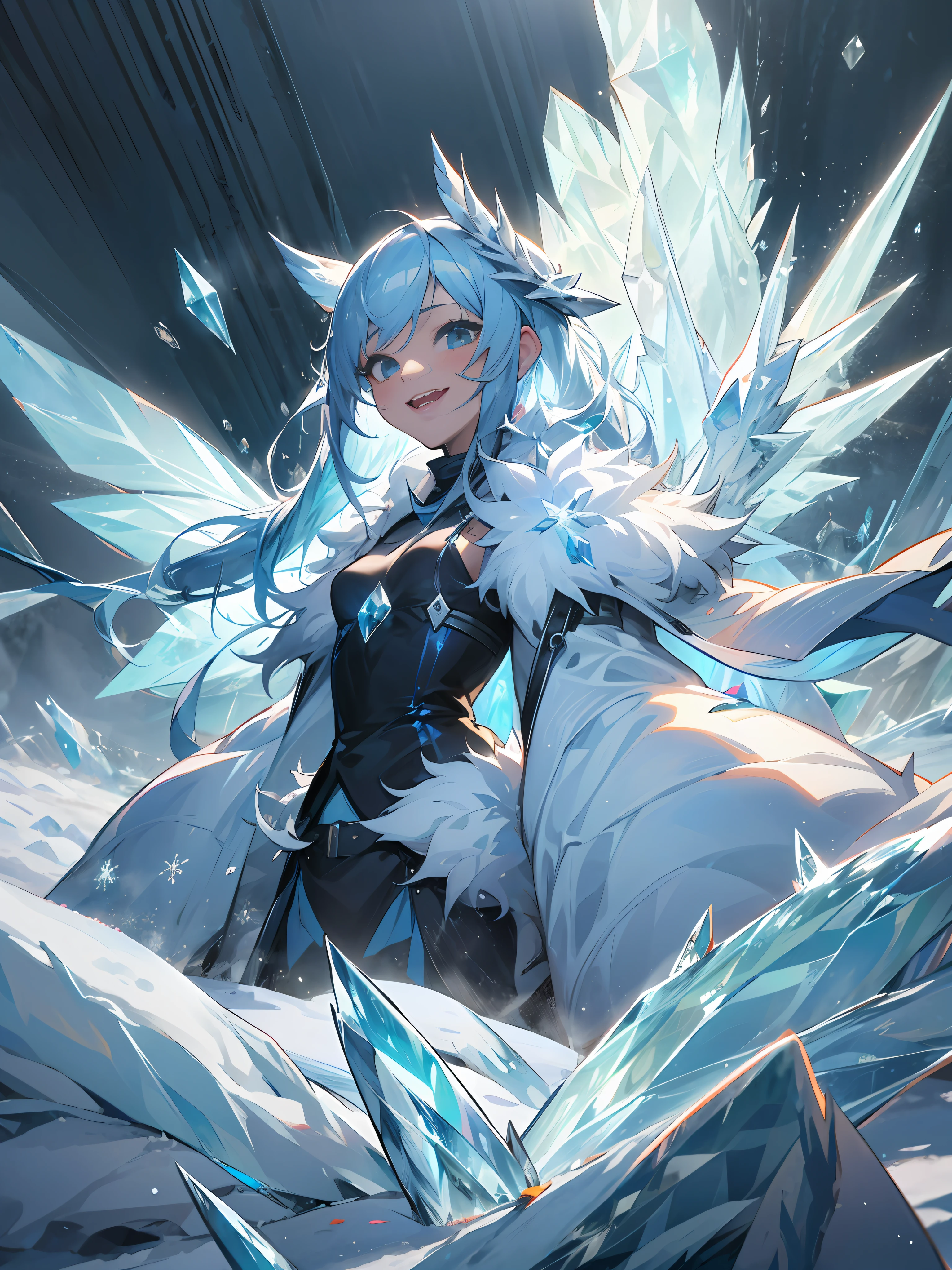 (1girl in, Solo:1.4), masutepiece, Best Quality, ultra-detailliert, hight resolution, the Extremely Detailed CG Unity 8K Wallpapers, Perfect Lighting, Very detailed background, Beautiful and aesthetic,fantasy illustrations,(ice effect:2), (Anime Art:1.5), (portfolio:1.3), Girl standing in a vast snowfield、lightblue hair、Longhaire、Long bangs、Crystal clear beautiful hair、small tits、Fur coat, Jagged teeth、Tooth bare and smile、Lifelike face、real looking skin、Large amount of ice、Wings of Ice、(snow blowing:1.5)、ice crystal、high-level image quality、zoomout,
