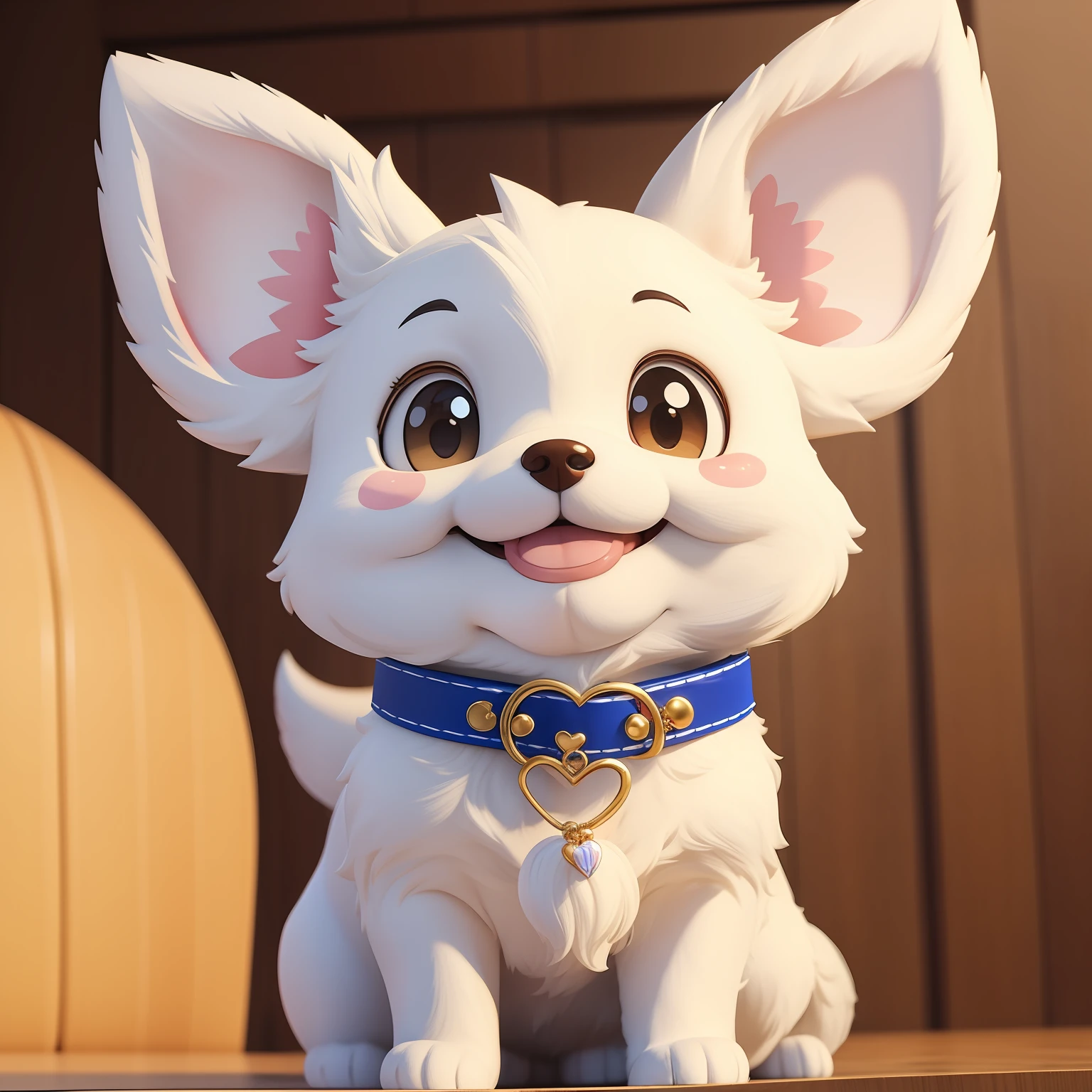 (masterpiece)8K分辨率、top-quality、Adorable dog character with cheerful smile and big ears。With collar or heart motifs、Express fidelity or affection。