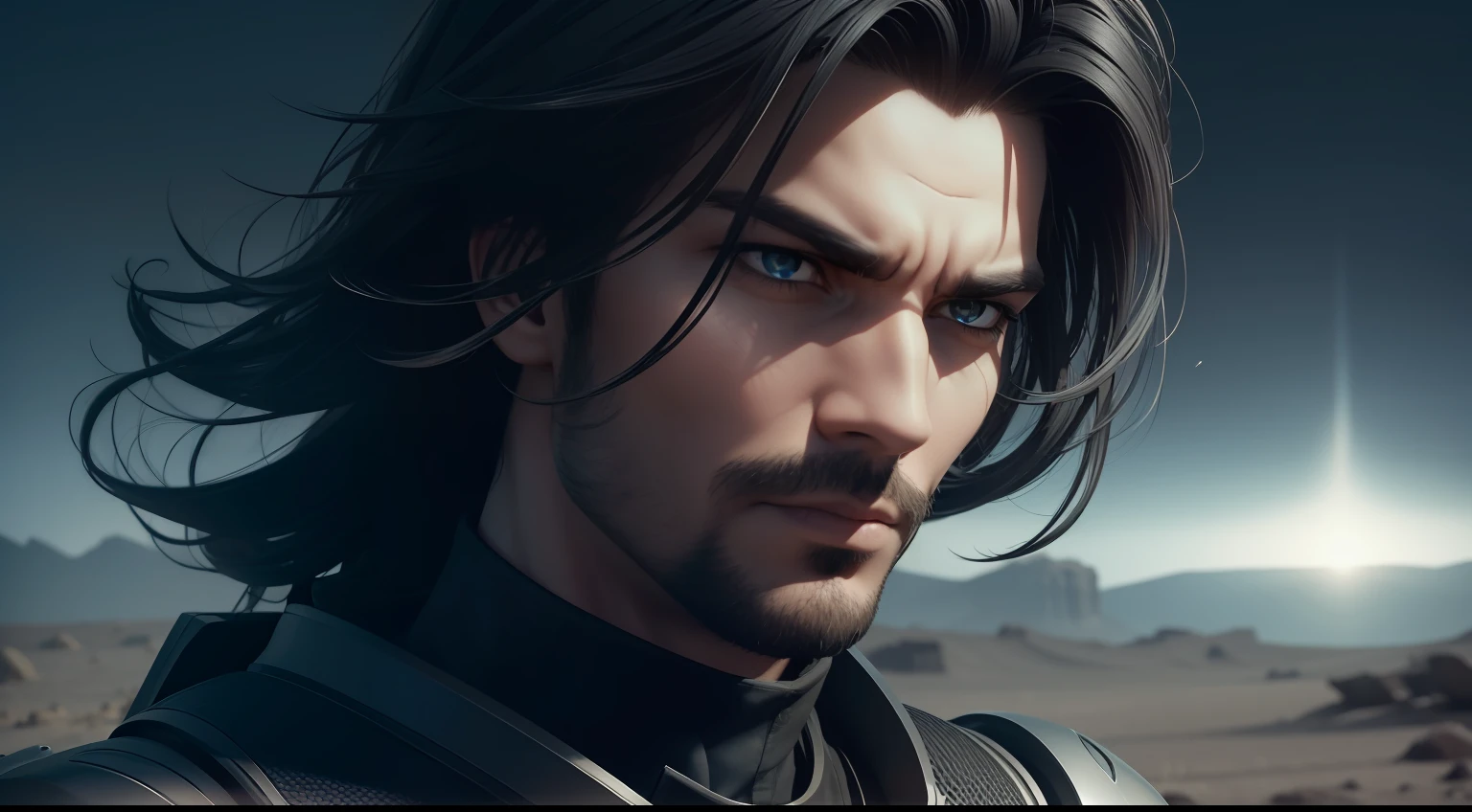 ((Close-up)) Um homem de cabelo preto e longo, with a mysterious and enigmatic appearance. His eyes are dark and piercing. He wears a dark gray tunic with silver accents and a necklace with an unknown symbol. His pants and boots are sturdy, ideal for space exploration. Its setting is an abandoned planet, He's carrying a robot .38 caliber revolver, with an arid and strange landscape, And he's in a pose of power and authority, pronto para enfrentar os perigos do desconhecido. The art will be a 3D sculpture with detailed textures and a play of light and shadows to create a mysterious mood. --AR 16:9 --V 5
