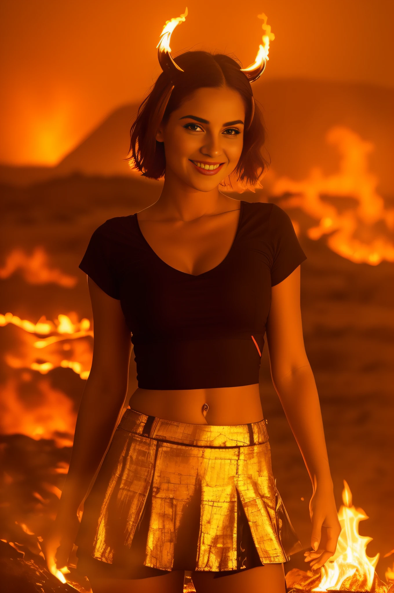 Woman in skirt with flames on her head, usando um top cropped sexy, usando uma regata preta cropped, lava no fundo, usando uma regata cropped preta, usando chamas tumultuosas, cena em chamas ao fundo, Alexandra Waliszewska, com fogo, em frente ao deserto em chamas, embers at the waist, Fogo e lava