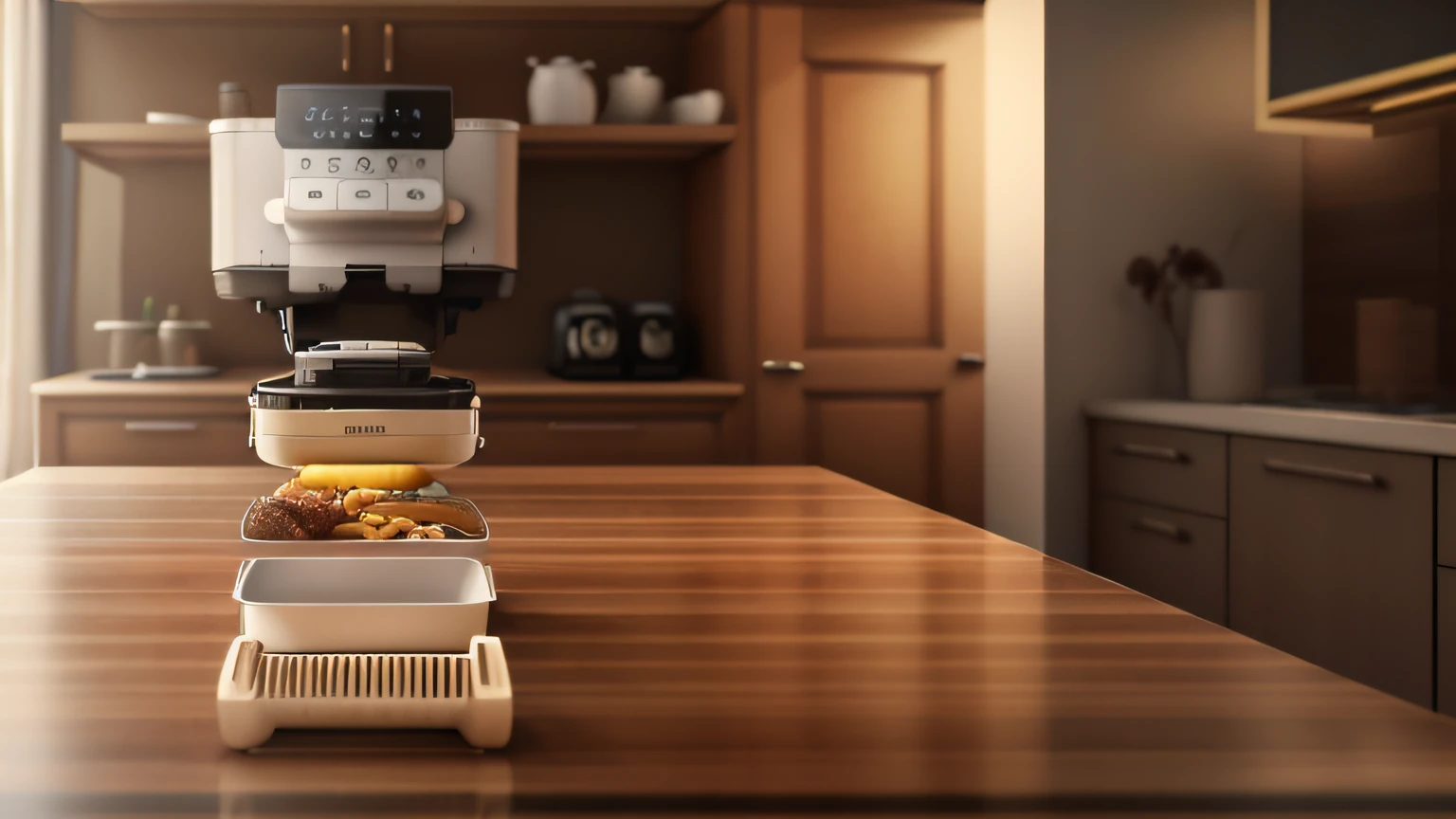 Air fryer placed on the table，Interior design of modern style, Realistic, Photorealistic, 8K, strong light on meeting table，Chiaroscuro, hyper HD, Best picture quality ,realisticlying，Foto realism，cupboard，Lens perspective blur，Bright lights，Realistic lighting