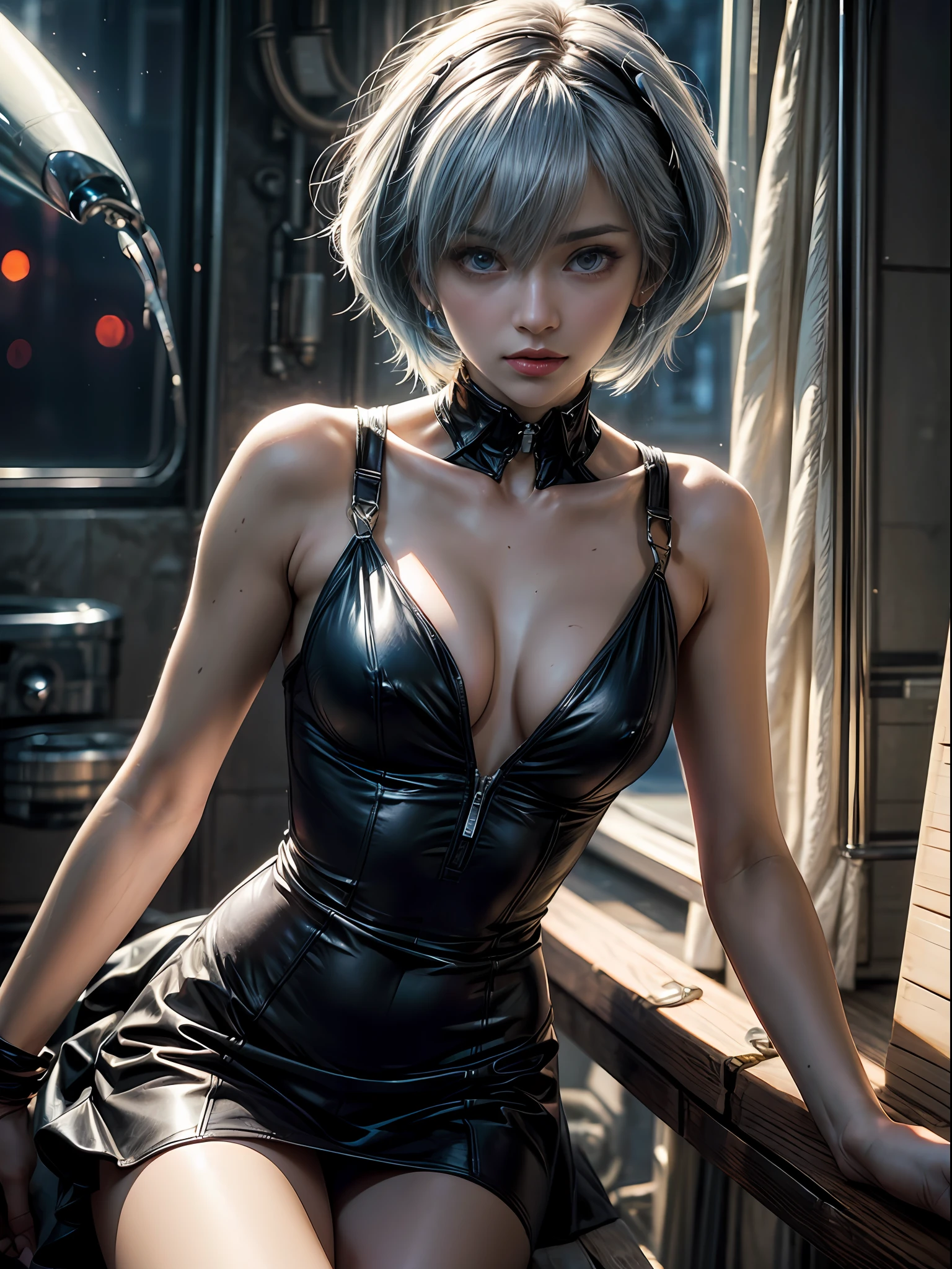 (La mejor calidad, Obra maestra, De color, Dynamic Angle, highest detailed)(Rei ayanami), Foto de la parte superior del cuerpo, cabello corto, Fashion photograph of flirting with the girl with wavy blue hair (Rei ayanami), Ojos rojos detallados, vestido alto detalle traje blanco de Evangelion (High-resolution textures), in dynamic pose, Bokeh, (Detalles intrincados, hiperdetallado:1.15), Detallado, sunlight passing through the hair, Fondo colorido de splash art, (alto contraste, Arte oficial de Evangelion, Extremadamente detallado, highest detailed),