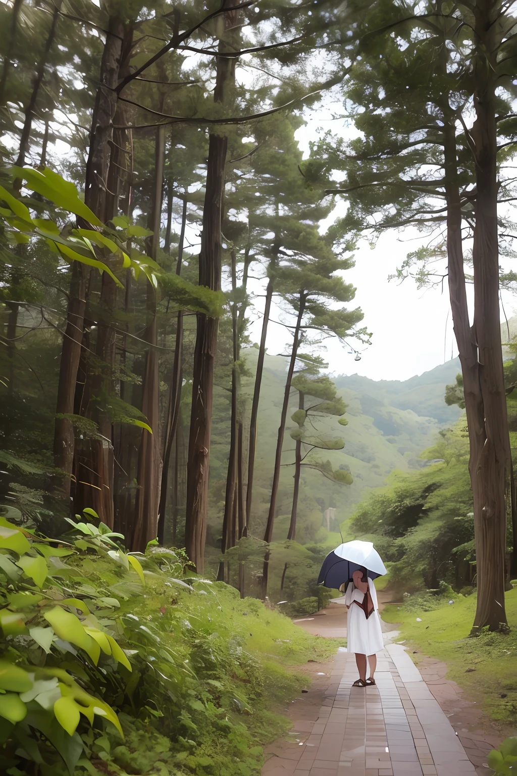 Korean girl in a raining forest