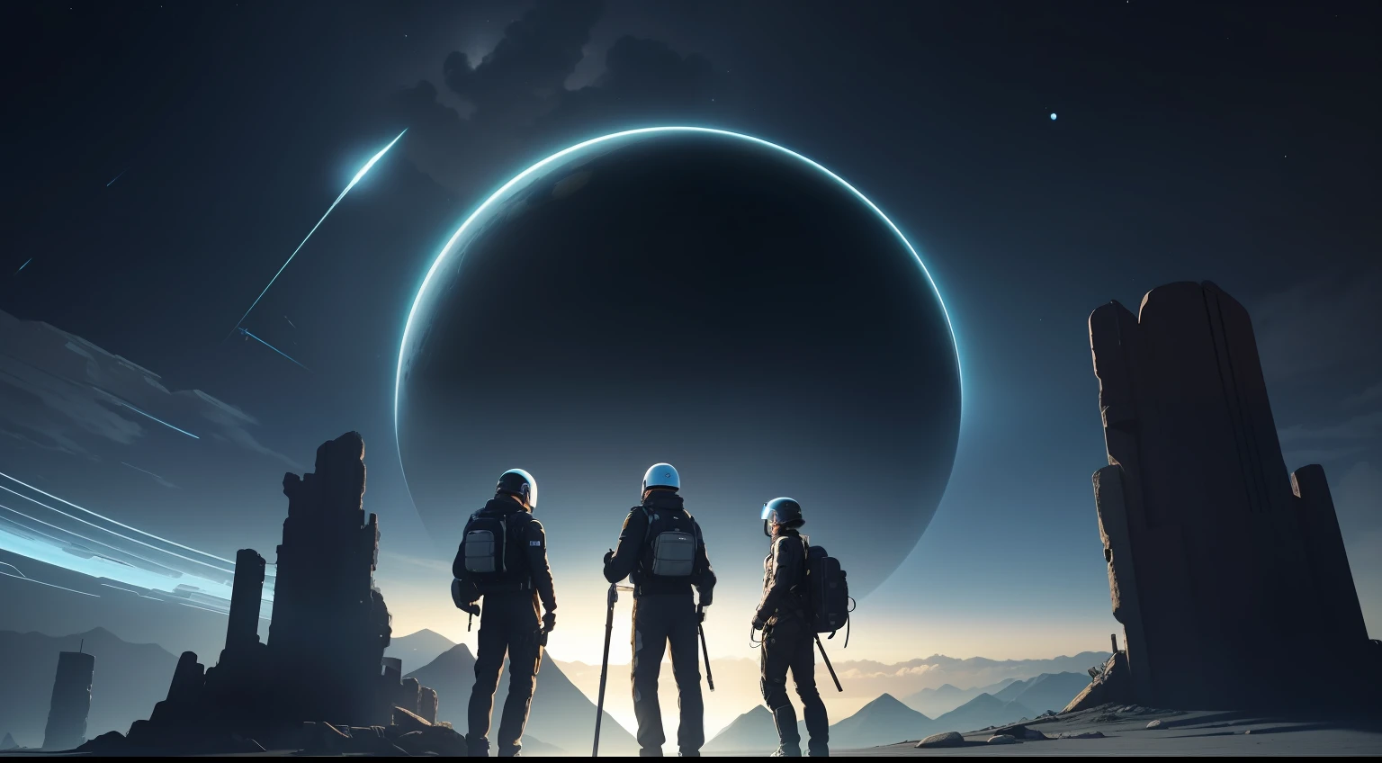Um grupo de exploradores espaciais, composed of three distinct members. The first is a bespectacled blond man, with an intellectual and curious appearance. He wears a white space jumpsuit with neon green accents, and a protective visor. Carries a technological device in hand to analyze the environment. The second is a man with long black hair, with a futuristic black tunic with silver details, sturdy pants and boots. He holds a stick of light, pronto para enfrentar qualquer perigo. The third is a woman with brown hair in a high ponytail, usando um traje espacial branco com detalhes em azul, black pants and hiking boots. Ela carrega um mapa e uma mochila nas costas.Its setting is an abandoned planet, with ruins of ancient buildings and an alien and exotic landscape. The environment is mysterious and full of secrets to be unraveled. The group is in team pose, ready to explore the mysteries of the unknown planet. The art will be a digital illustration in futuristic style, with vibrant colors and technological elements to highlight the atmosphere of space exploration. --AR 16:9 --V 5