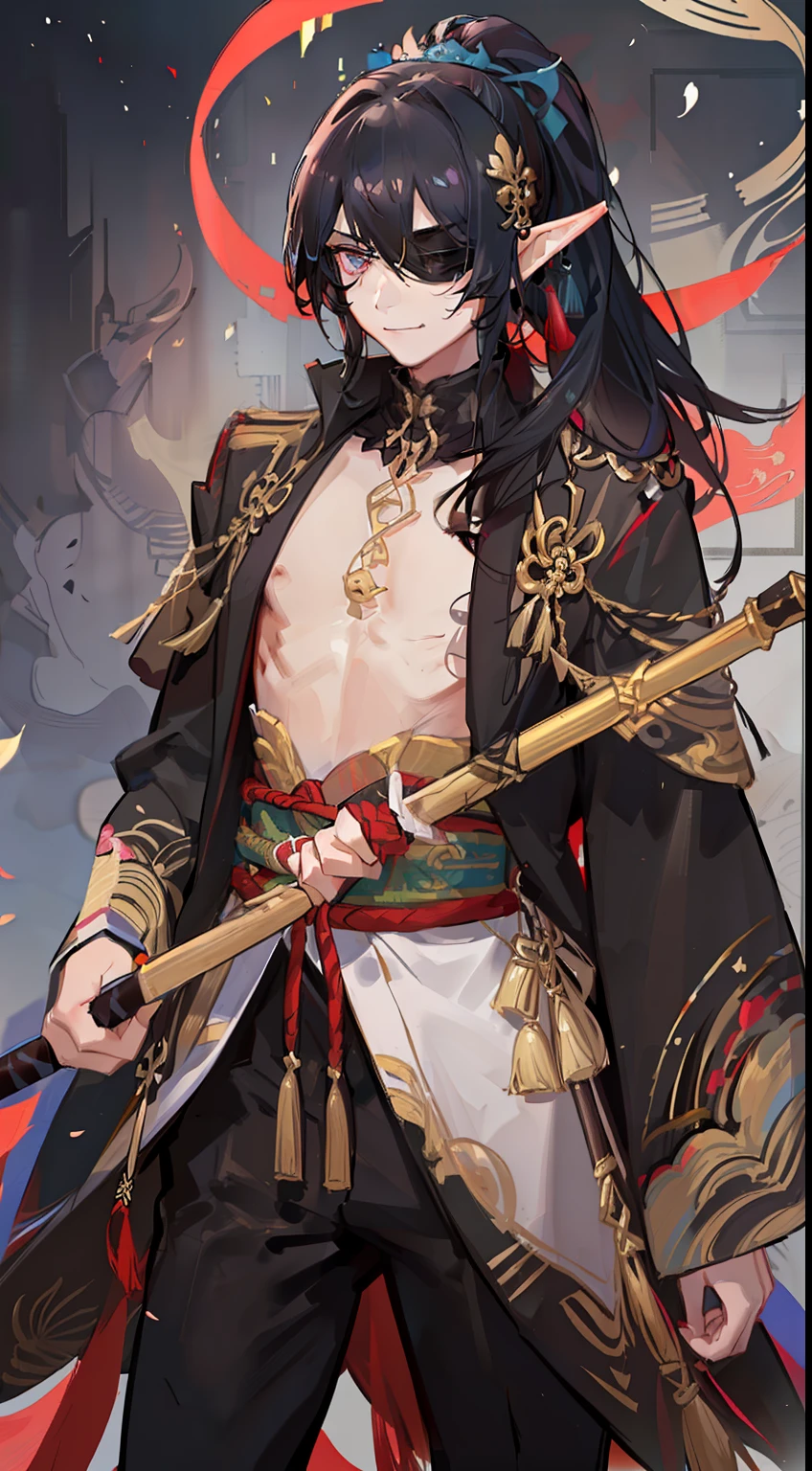 young boy, Long black hair, high ponytail, elf ears, covered eyes, blindfold, open kimono, open torso, flute, Snake, smirk, Masterpiece, hiquality