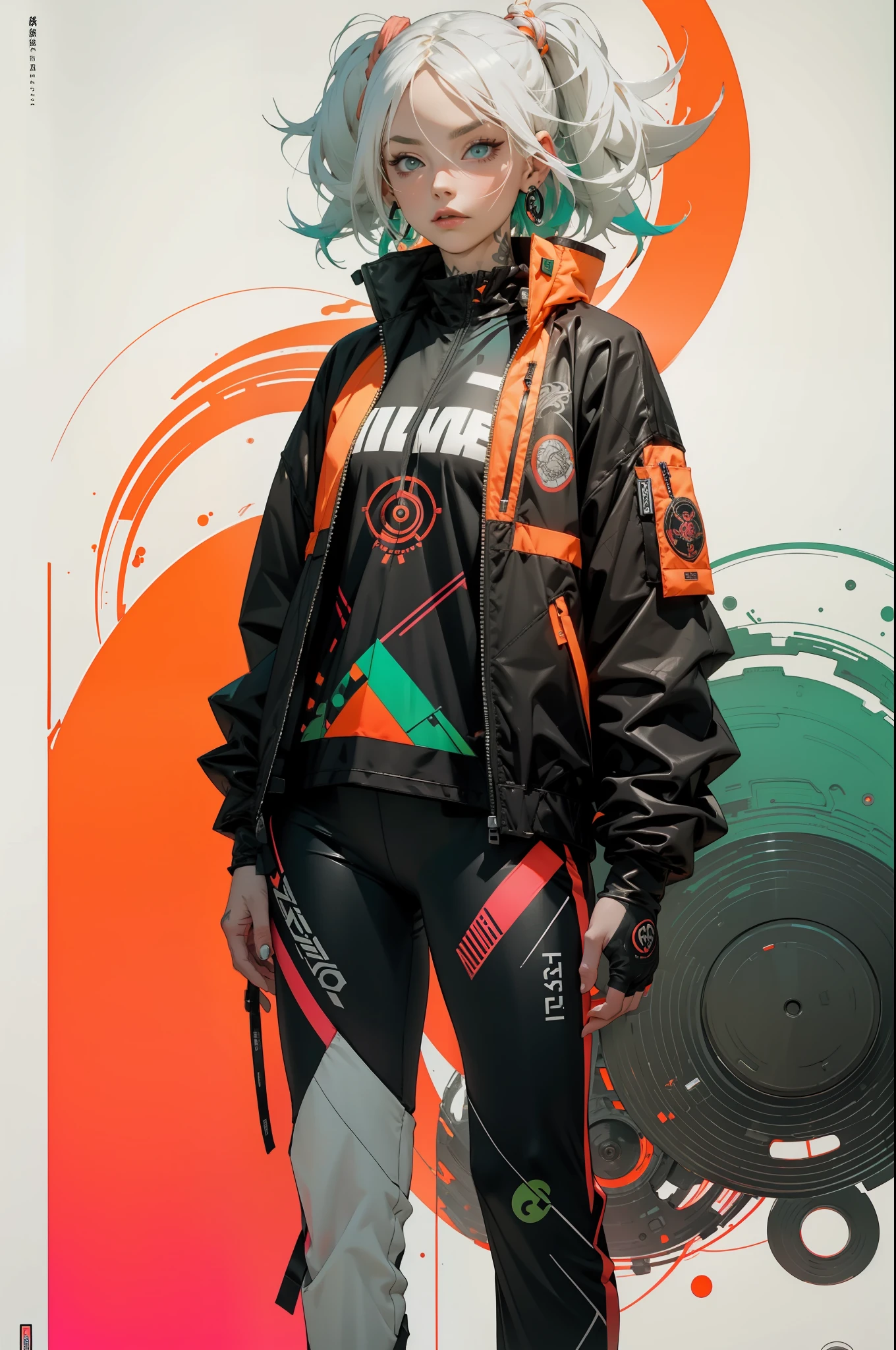 orange, pink, white, green, (white hair woman),tattoos, (techwear clothes:1.1),abstract lines and circles background