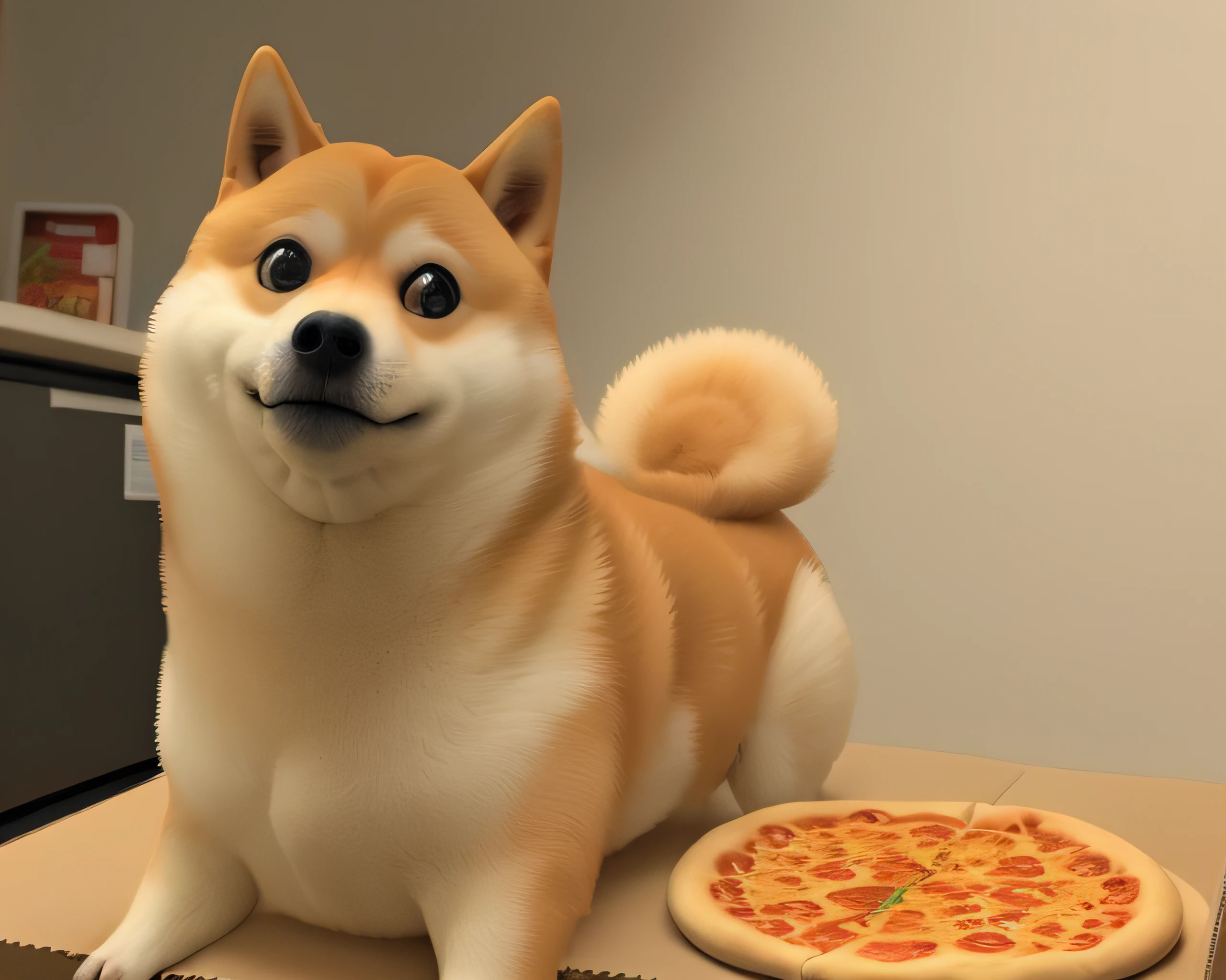 a photo of a cute ((doge)) with a box of pizza, soft render, low detail, ultra graphics, cinematic dramatic light, advanced perspective, colourful, happy, bokeh