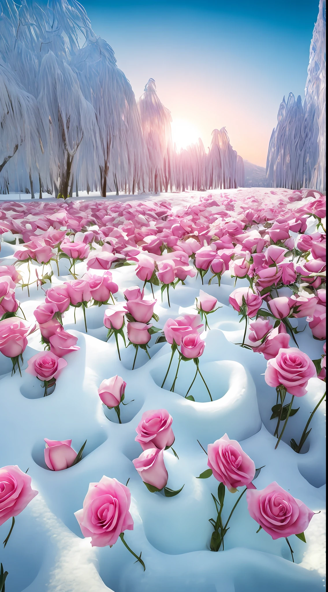 There are a lot of pink roses in the snow, Really beautiful nature, with frozen flowers around her, Beautiful nature, breath - taking beautiful trees, breath-taking beautiful trees, surreal waiizi flowers, author:Cheng Jiasui, Beautiful photography, Rose garden, rosette, marc adamus, Beautiful random images, national geographic photo”, author:Liang Kai,8K high quality detailed art