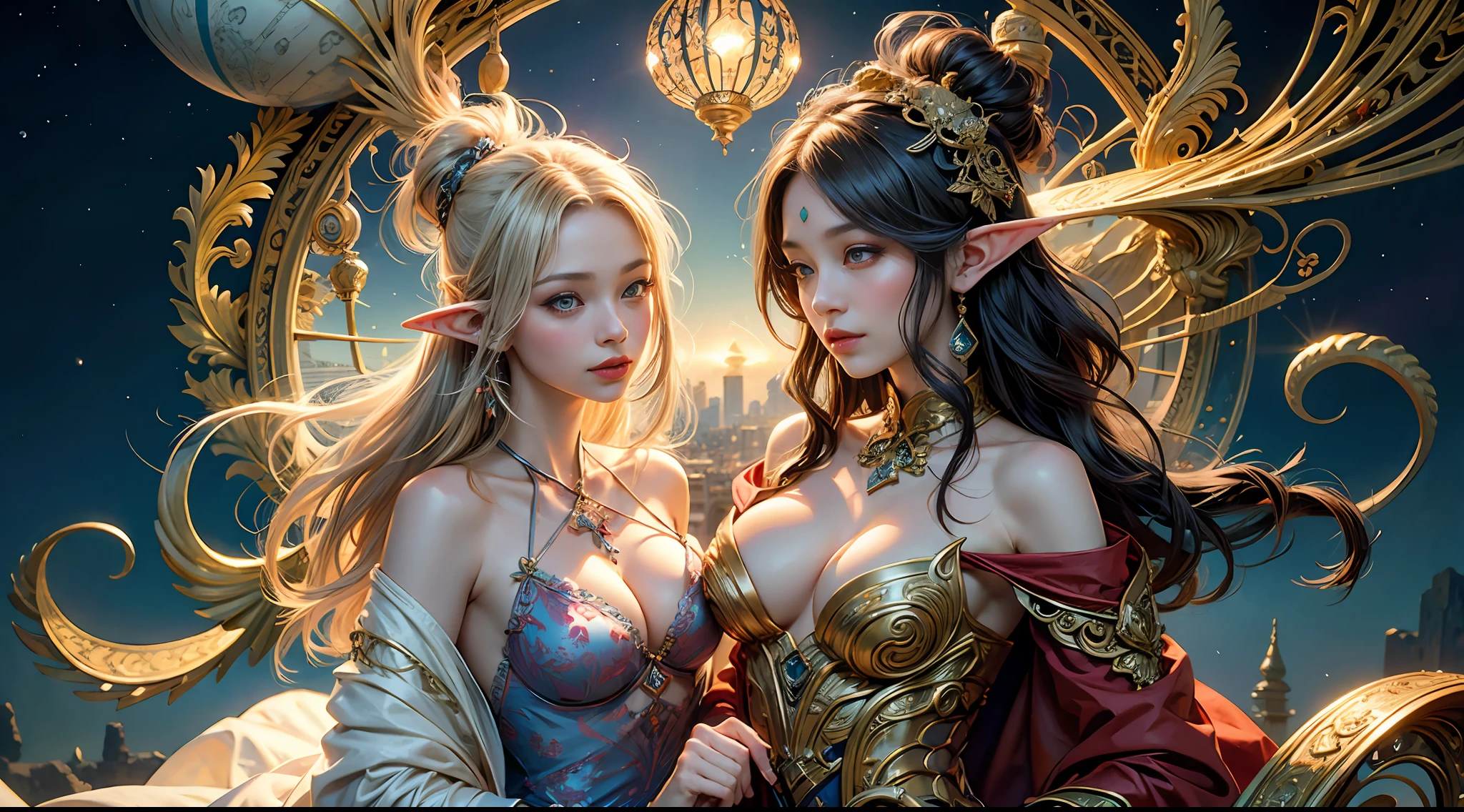 offcial art,统一 8k 壁纸,ultra - detailed,Beauty and aesthetics,high high quality,female elf,tmasterpiece,Best quality at best,(zentangle,datura,Tangles,entangled:0.6),palaces,Large breasts,magnificent robe,Complex patterns,magia