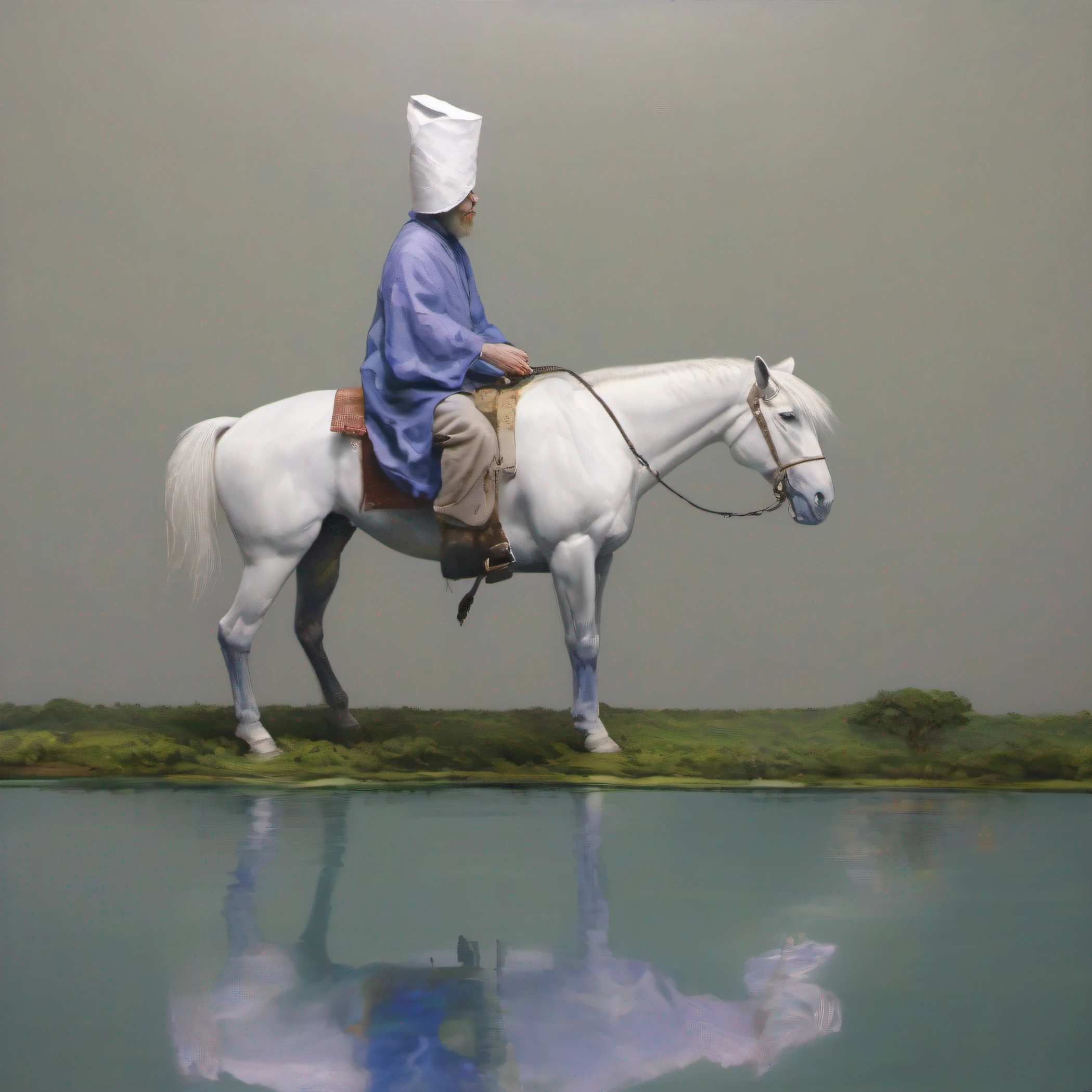 Boy with paper hat ((chimney in the hat that emits a little smoke)), symbolizing dreams, (((riding a white horse))), (((half its legs submerged in water))) , realistic reflections and normal water waves, realistic, horizon at a low golden height, with a background finished in a greenish gray wall, with a painting hanging in the background with the same motif as the scene, harmonic chromatic composition of three colors, violet blue , reddish and green, natural lighting, take the image with a Sony Alfa camera, 250 mm, painting oil painting, Rembrandt and Leonardo Da Vinci style, small toys floating like tops, marbles and small houses, harmonious and compositionally harmonious in different colors and contrasting, melodically aesthetic, ((((transparent water)))), the background can be seen showing the ground or floor, quality, masterpiece, hyper-realisti