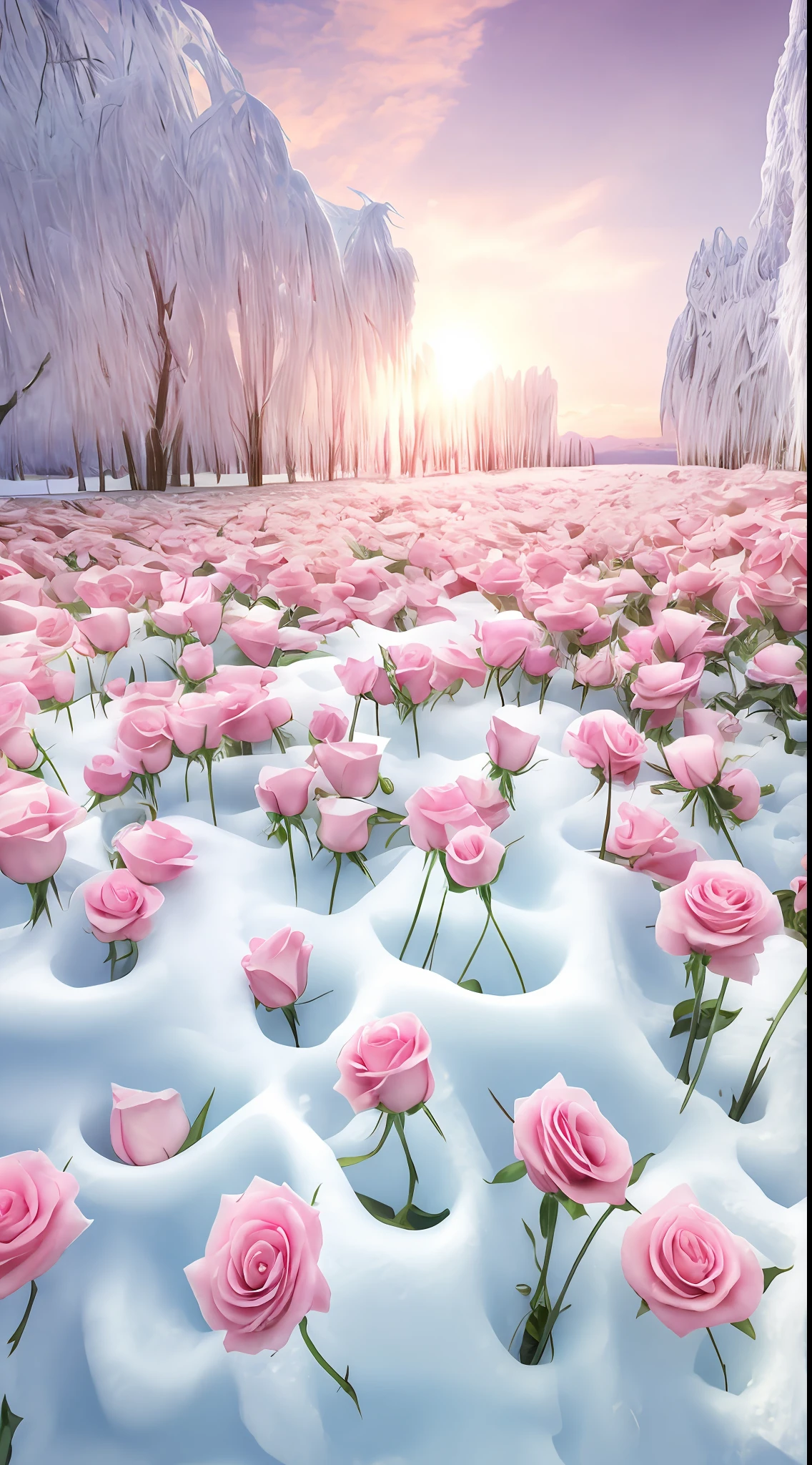 There are a lot of pink roses in the snow, Really beautiful nature, with frozen flowers around her, Beautiful nature, breath - taking beautiful trees, breath-taking beautiful trees, surreal waiizi flowers, author：Cheng Jiasui, Beautiful photography, Rose garden, rosette, marc adamus, Beautiful random images, national geographic photo”, author：Liang Kai，8K high quality detailed art