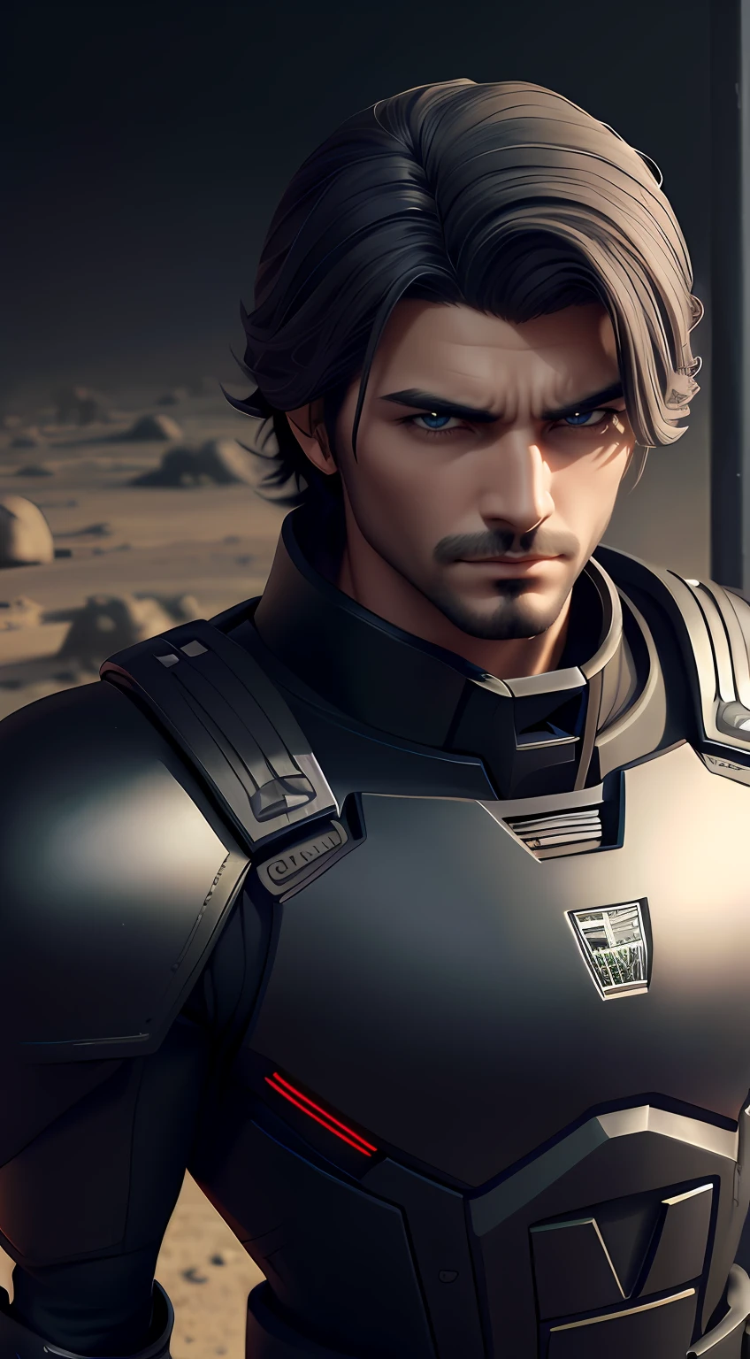 ((Close-up)) Um homem de cabelo preto e longo, with a mysterious and enigmatic appearance. His eyes are dark and piercing. He wears a dark gray tunic with silver accents and a necklace with an unknown symbol. His pants and boots are sturdy, ideal for space exploration. Its setting is an abandoned planet, He's carrying a robot .38 caliber revolver, with an arid and strange landscape, And he's in a pose of power and authority, pronto para enfrentar os perigos do desconhecido. The art will be a 3D sculpture with detailed textures and a play of light and shadows to create a mysterious mood. --AR 16:9 --V 5