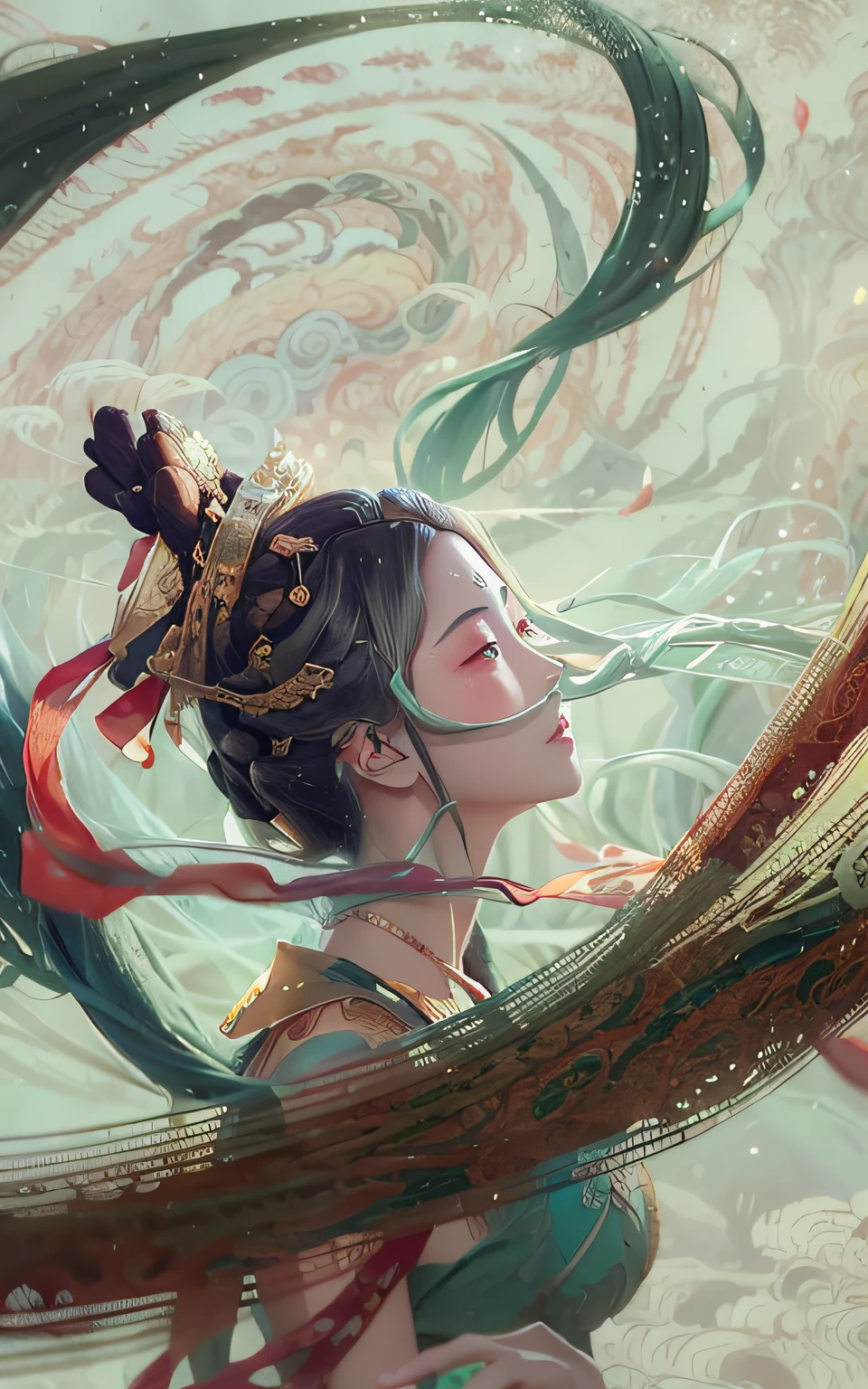 Flowing coiled hair,Beautiful art illustration in Dunhuang style,Li Song's digital painting style,Exudes intricate artistic inspiration,From Sleeping Wolf、Guviz、Digital concept art illustration by Artgerm and Atey Ghailan,Beautiful side face