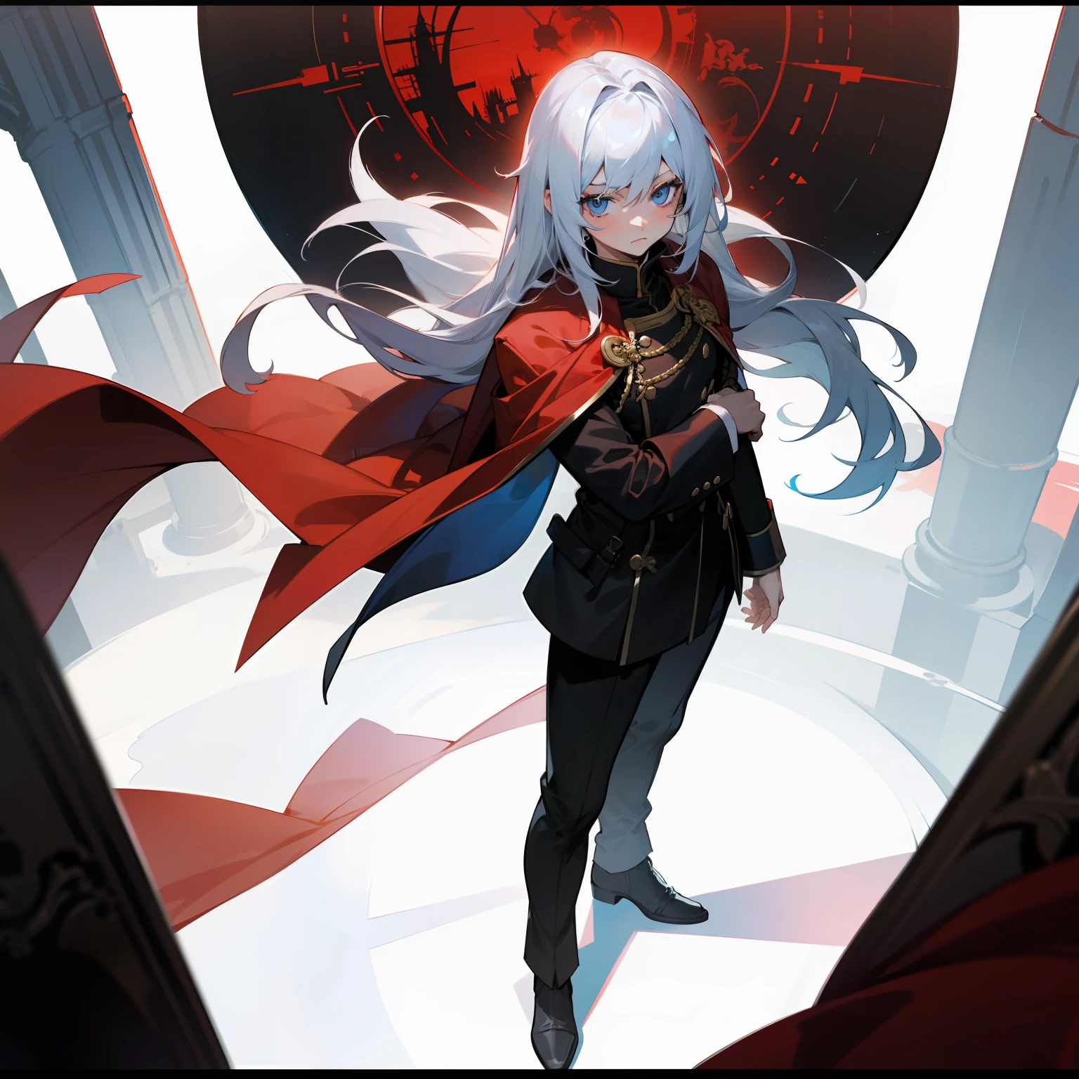 young boy, long white hair, blue eyes, with class zero uniform, Final Fantasy Type-0, black uniform, little red cape, in a tower, Looking at Viewer, 4k, good anatomy, master piece