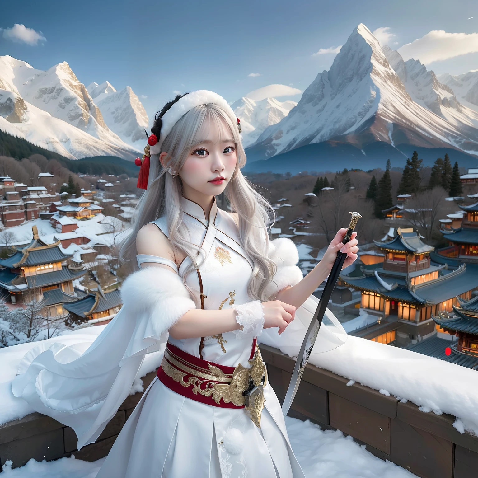 Excellent composition, panoramicshooting, Sword Fairy,Chinese-style white clothes,The hair color is white,Snow-capped mountains in the background