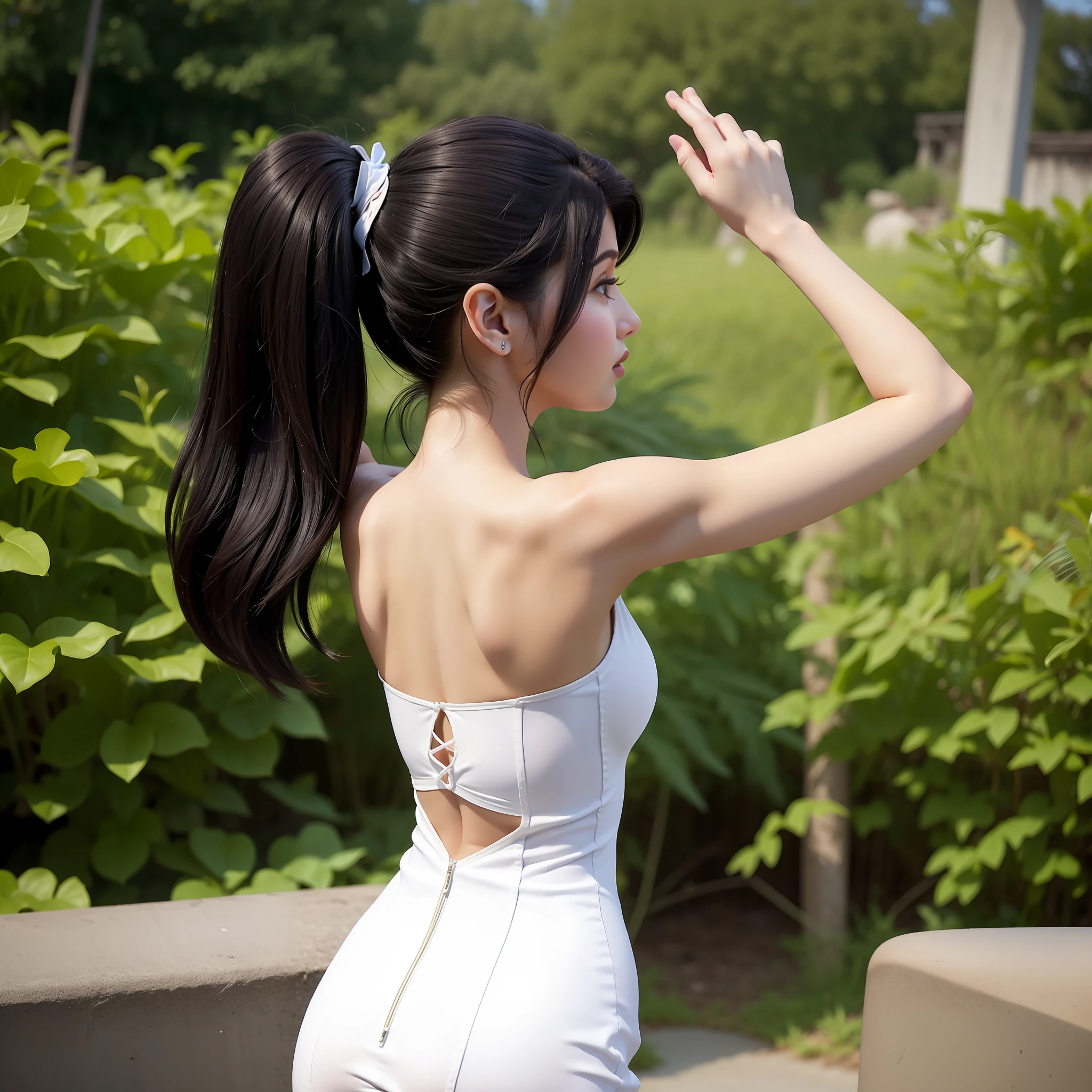 vidia con cuerpo de centauro piel humana color blanco desde atras, view back, grandes pechos, hombros descubiertos, desde atras, looking back, ponytail