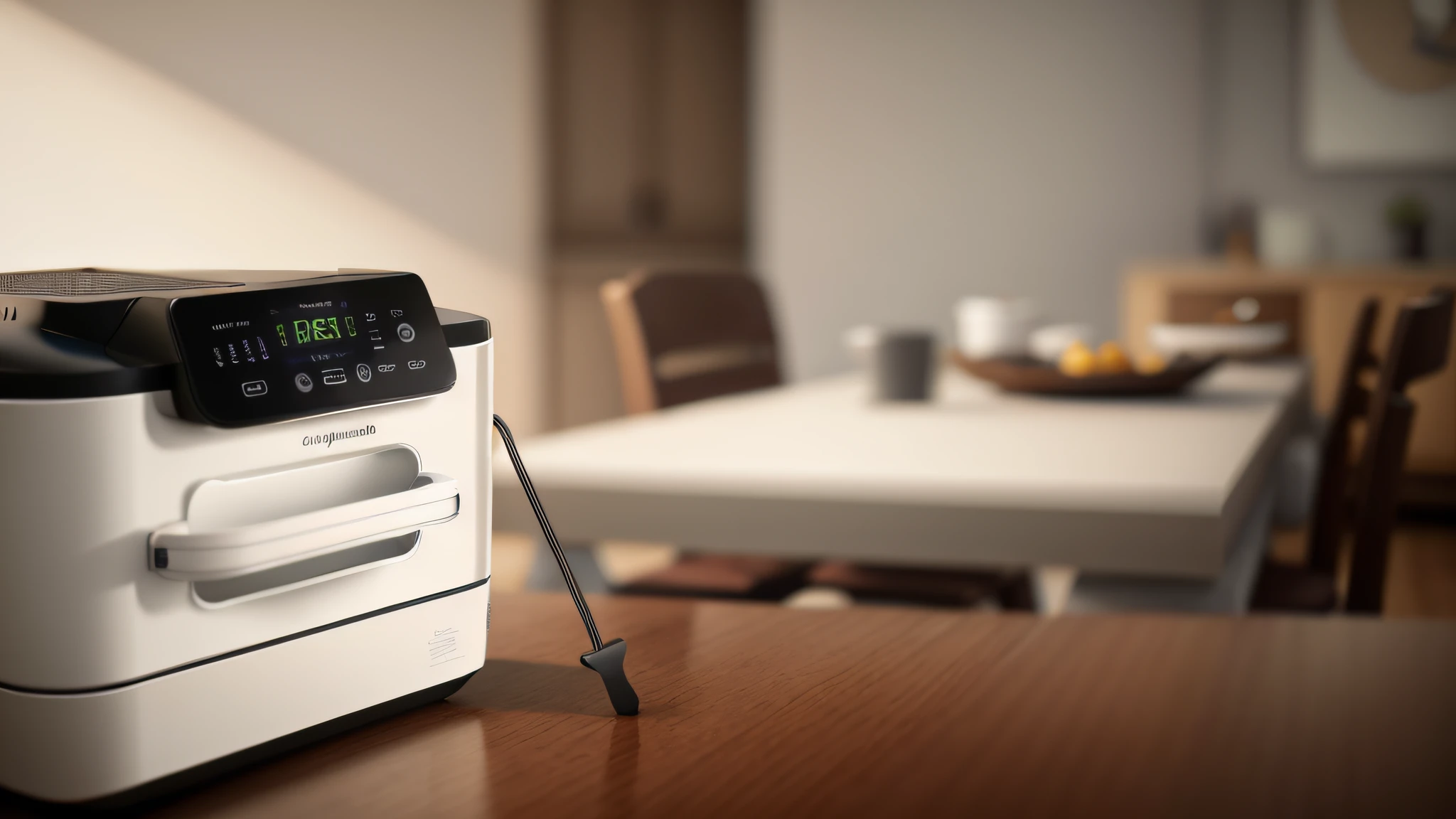 Air fryer placed on the table,Interior design of modern style, Realistic, Photorealistic, 8K, strong light on meeting table,Chiaroscuro, hyper HD, Best picture quality ,realisticlying,Foto realism,cupboard,Lens perspective blur,Bright lights,Realistic lighting