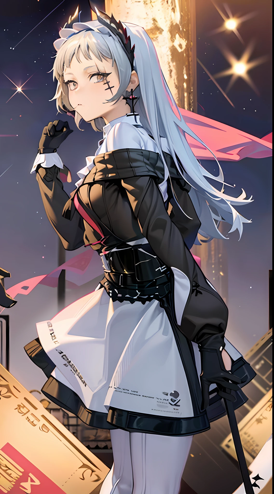 Ark of Tomorrow,one-girl,Off-the-shoulder sweater, backless attire,Starry sky,clusters of stars,Ray tracing,{Best quality}, {{Masterpiece}}, {A high resolution}, Original, Extremely detailed 8k wallpaper, {An extremely delicate and beautiful},,incredibly_absurderes,Colorful,intricately details,art book,,incredibly_absurderes,Ray tracing,Perspective,Wide shot,Overall view,,A high resolution,Game CG,short_Hair,cat_hor ears,White_Hair/White_Eyes,Detail fingers,Hands in hair,pigeon-toed,Pout,Blush,Eyes visible through hair,off-shoulder sweater,White_wind coat,Superskirt,White pantyhose,