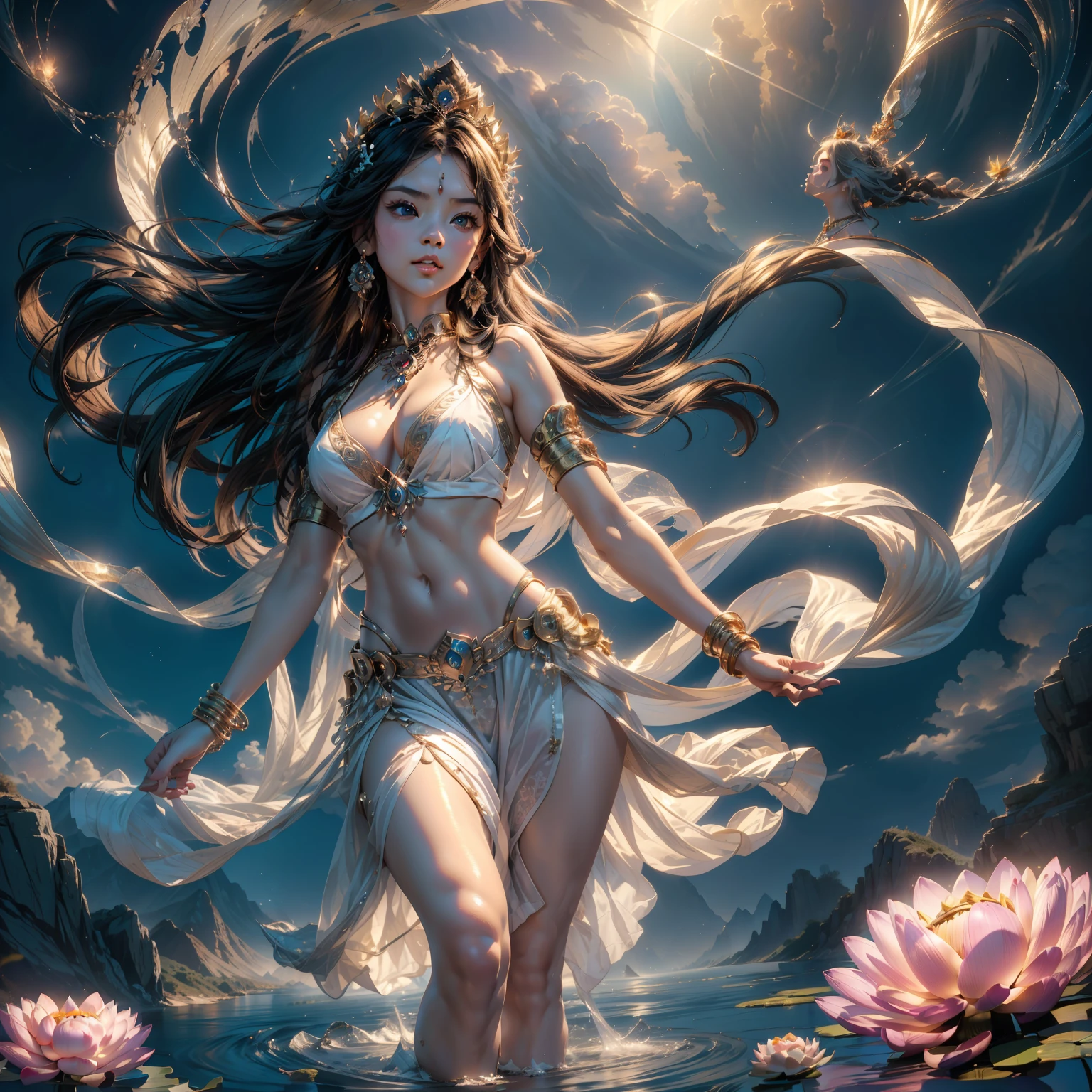 A beautiful -yeld henly girl in the void surrounded by white clouds,Pure and unblemished demeanor, Look at the camera gently and kindly,Standing barefoot on a lotus,Holding a diamond-set scepter,pretty eyes,Smooth skin fair and delicate,Flowing skirt,(((Gemstones refract dazzling light)),( crown,choker necklace,Yingluo),Blue sky,Front lighting,soft, uniform light,Dynamic hair,The head of the background is illuminated by an aperture,body shimmering,Fantasy space,Dreamland Wonderland,Cloud fog,Colorful and bizarre clouds,mysterious glow,Unreal world,Single clean background,Singular space,Mysterious and unknowable,extreme detailed details,High quality detailing, Cinematic lighting,absurderes, unbelievable Ridiculous, hugefilesize, ultra - detailed, A high resolution, best qualtiy,tmasterpiece,illustratio,CG,8k 壁纸,Amazing Cleavage, Correct anatomy,Correct dissection