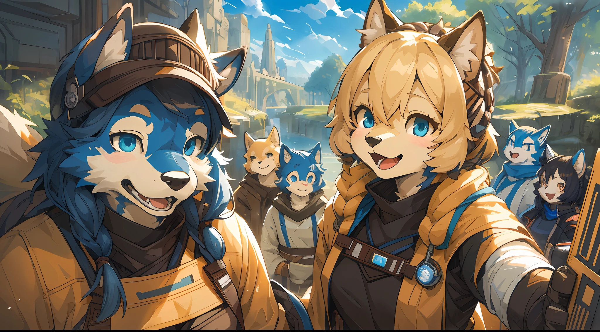 dynamic angle, top quality, best quality, High-quality illustrations, masterpiece, super high resolution, detailed background, detailed background, STAR WARS, group shot:0.1, 6+boys, 6+girls, Happy, joyful, absurdres(highly detailed beautiful face and eyes)perfect anatomy(kemono, furry anthro),