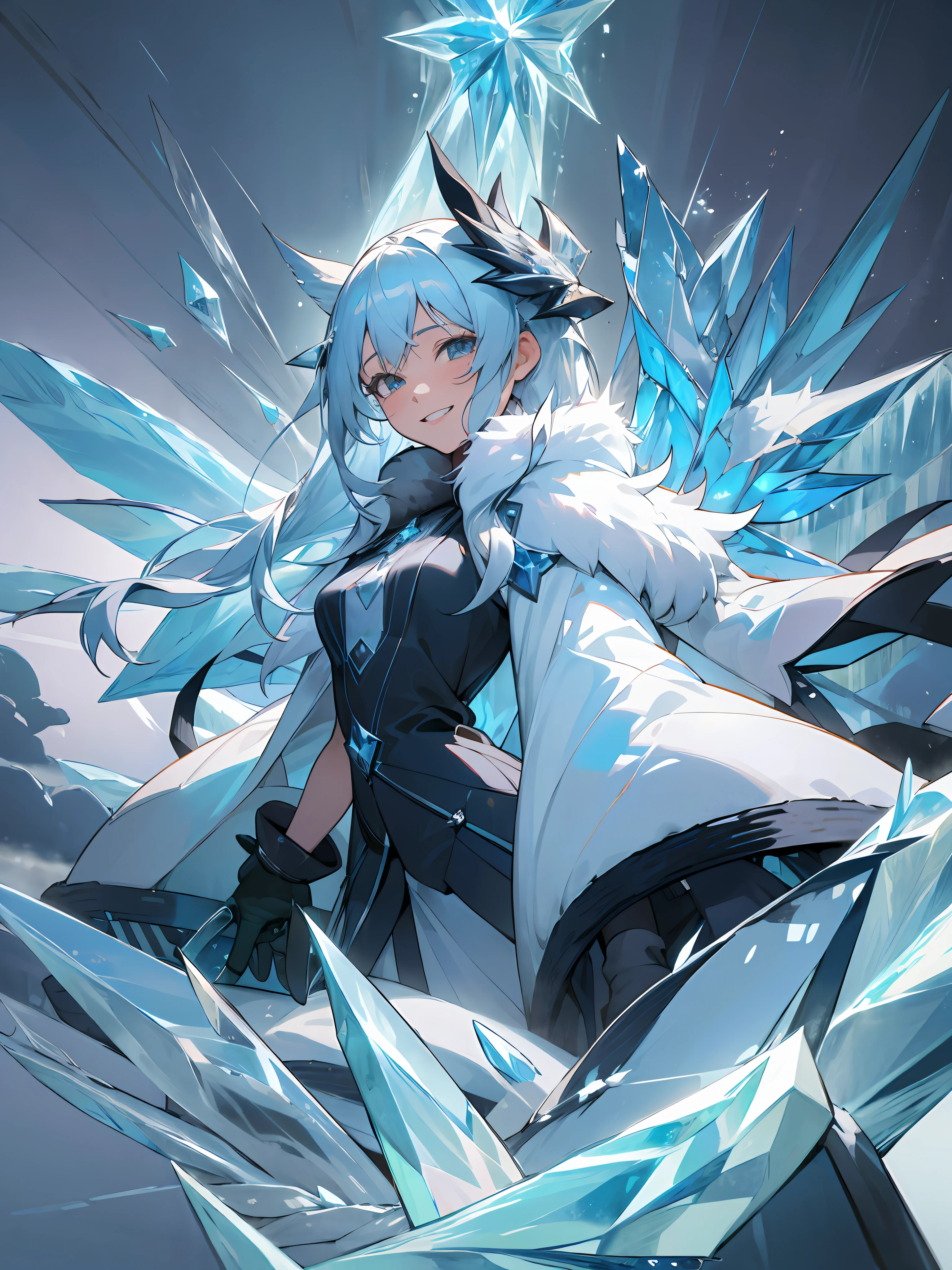 (1girl in, Solo:1.4), masutepiece, Best Quality, ultra-detailliert, hight resolution, the Extremely Detailed CG Unity 8K Wallpapers, Perfect Lighting, Very detailed background, Beautiful and aesthetic,fantasy illustrations,(ice effect:2), (Anime Art:1.5), (portfolio:1.3), Girl Standing on a Vast Snowy Field、lightblue hair、Longhaire、Long bangs、Crystal clear beautiful hair、small tits、Fur coat, Jagged teeth、Tooth bare and smile、Lifelike face、real looking skin、Large amount of ice、Wings of Ice、(snow blowing:1.5)、ice crystal、high-level image quality、zoomout,