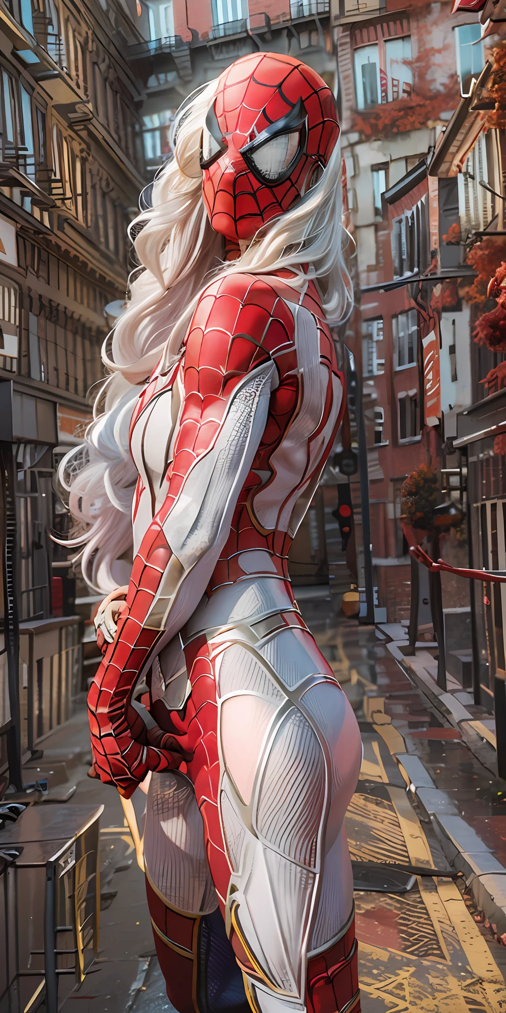 Masterpiece, super detailed , high quality, photorealistic photograph of a woman in Spiderman suit, made of Iron macha, no strecthes Red and Gold color combination,  high contrast, maximalist, super detailed, rough detailed suit ,sunkissed beauty, standing in abondoned building, vivid colors, long hair, soft silky smooth oily skin, beautiful girl, detailed maximalist background, inspiration from Marvel Spiderman. white hair, american girl, gorgeous beauty, (holding (spiderman Mask in hand__)