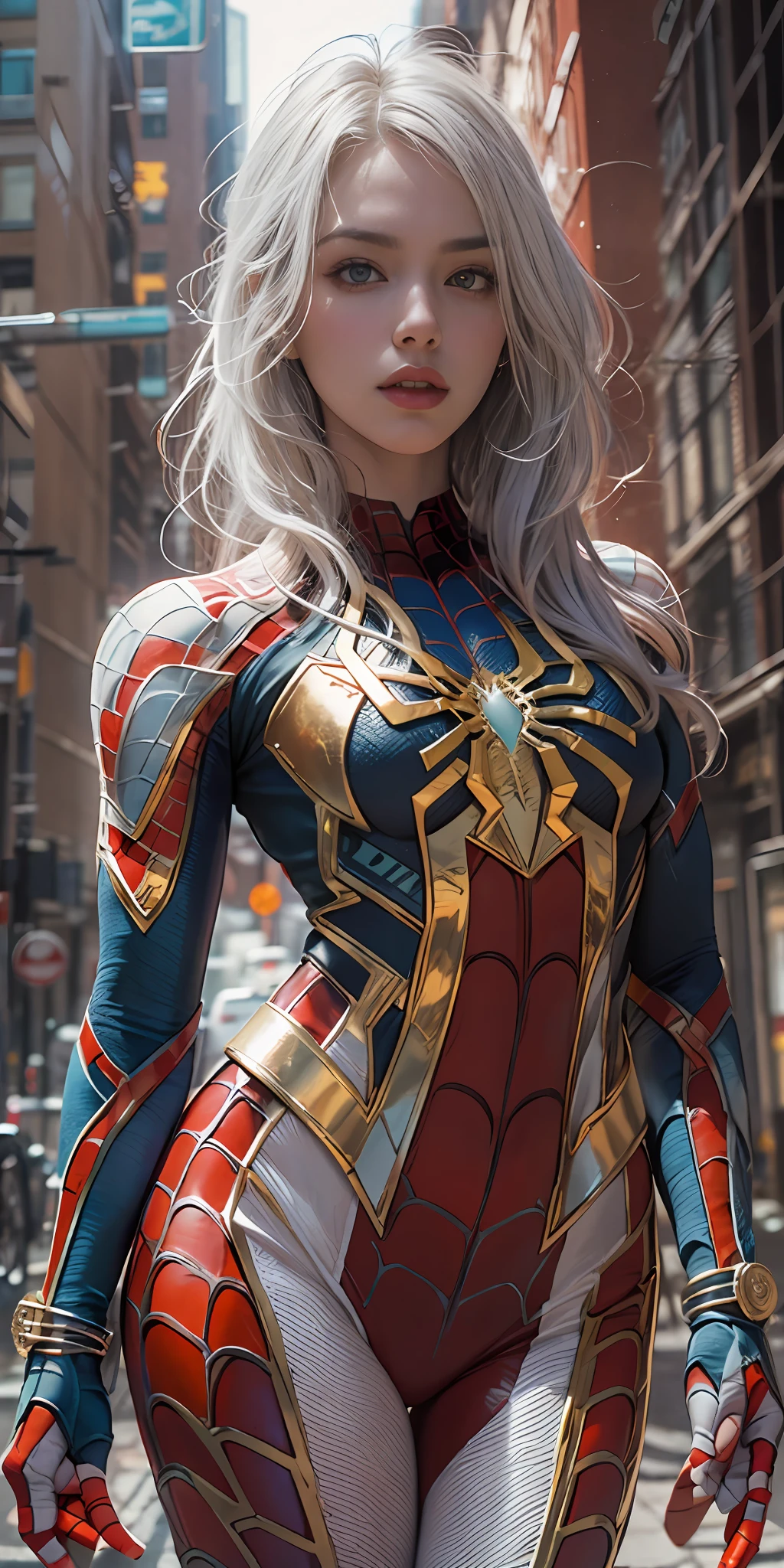 Masterpiece, super detailed , high quality, photorealistic photograph of a woman in Spiderman suit, made of Iron macha, no strecthes Red and Gold color combination,  high contrast, maximalist, super detailed, rough detailed suit ,sunkissed beauty, standing in abondoned building, vivid colors, long hair, soft silky smooth oily skin, beautiful girl, detailed maximalist background, inspiration from Marvel Spiderman. white hair, american girl, gorgeous beauty, (holding (spiderman Mask in hand__)