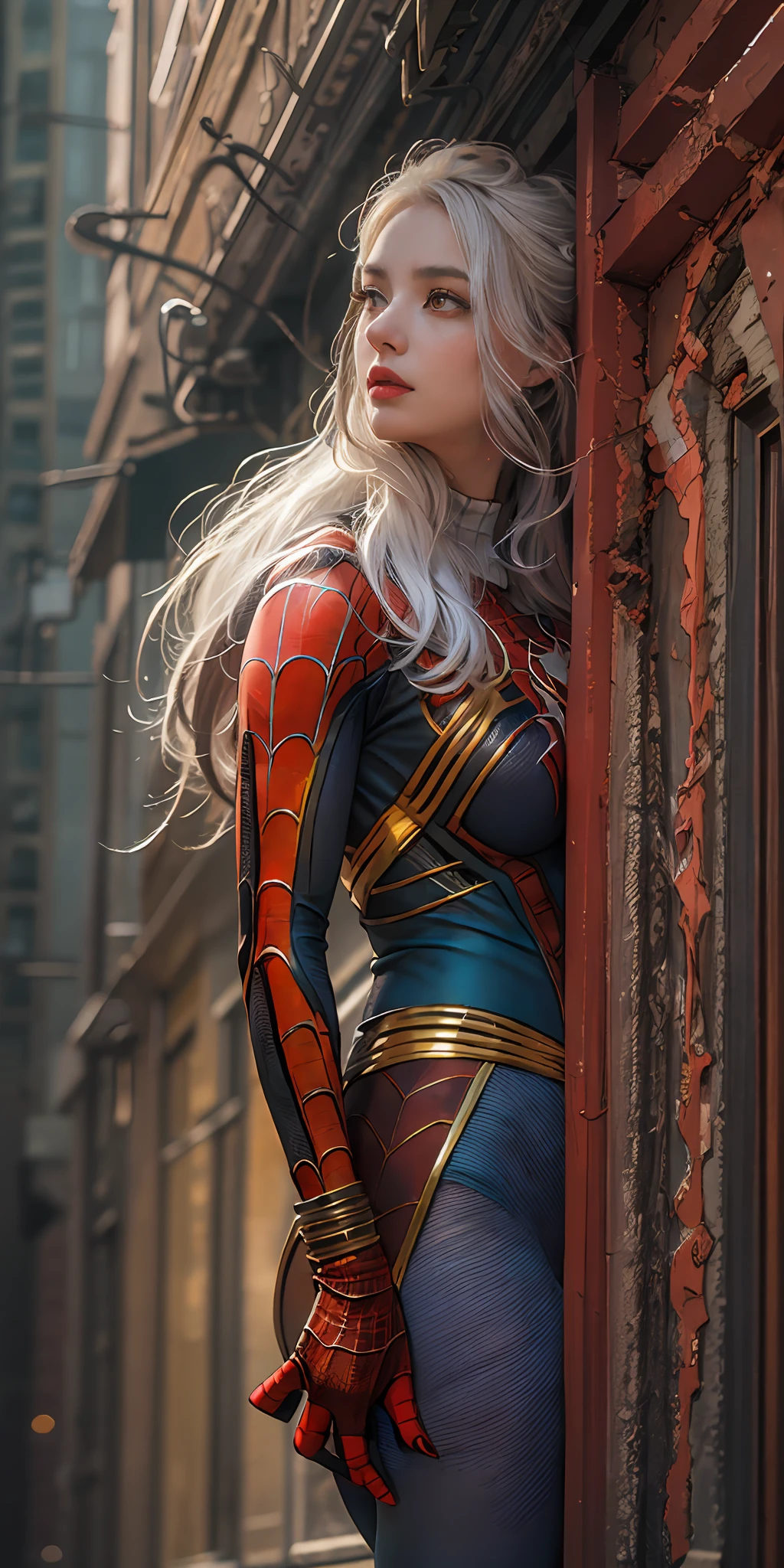 Masterpiece, super detailed , high quality, photorealistic photograph of a woman in Spiderman suit, made of Iron macha, no strecthes Red and Gold color combination,  high contrast, maximalist, super detailed, rough detailed suit ,sunkissed beauty, standing in abondoned building, vivid colors, long hair, soft silky smooth oily skin, beautiful girl, detailed maximalist background, inspiration from Marvel Spiderman. white hair, american girl, gorgeous beauty, (holding (spiderman Mask in hand__)