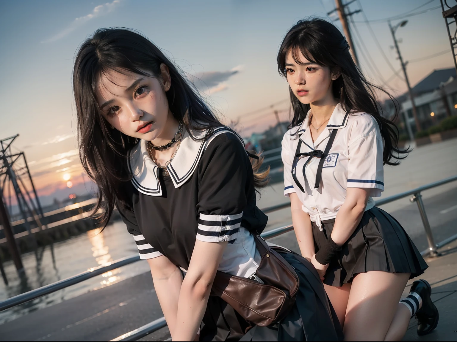 The highest quality shooting　　　　、(((Kneeling)))　、Kicking、White lace panties　、Two Women、　(((bound arms))), (((arms behind back)))
,　(((Black collar))) 、　Skirt Roll Up　、　Two Women、White School Uniform、(((audience)))　、a sailor suit　、gust of wind　、Walk　、(((turned around)))　、look behind、satchel　、Dark blue pleated skirt　、Knee-length pleated skirt、Walk　、student clothes　、　　Collar with a leash　、Cowboy Shot　　 、is crying　 　　、Portraits are prohibited　、blushed face　、　Thin rope　、　　at the sunset、omatsuri　、parade　、　Take your eyes off　、An amusement park　、Turn your face away　、(((audience)))　　、　Semi-long　、A dark-haired　、Low angle full body photo　、Sad look、 Black hair, shining beautiful skin , Sweat, collar and chain accessories, beautiful black pupil and hair, Detailed expression　, beautidful eyes