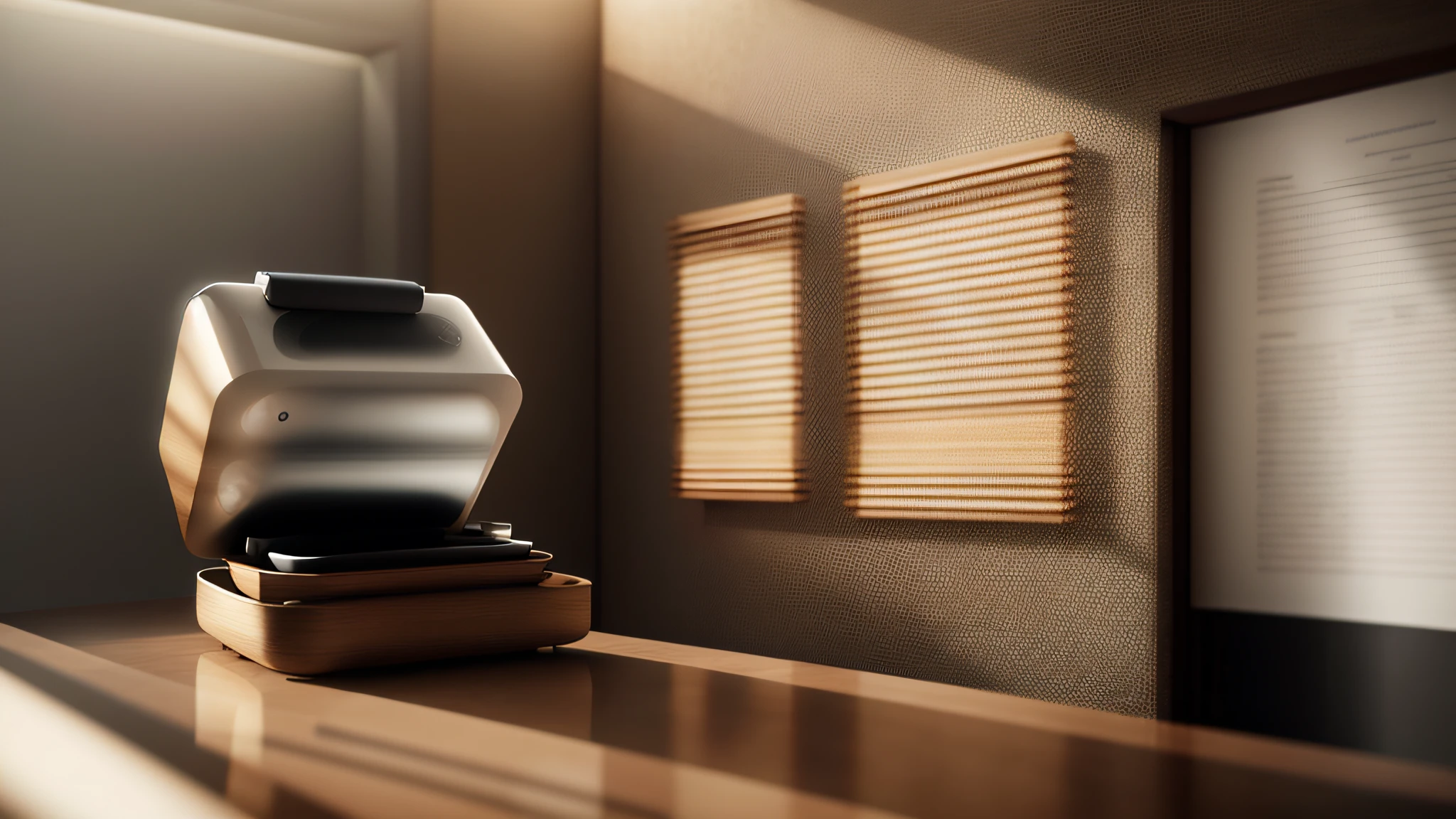 Interior design of modern style, Realistic, Photorealistic, 8K, strong light on meeting table,Chiaroscuro, hyper HD, Best picture quality ,realisticlying,Foto realism,cupboard,Lens perspective blur,Bright lights,Realistic lighting