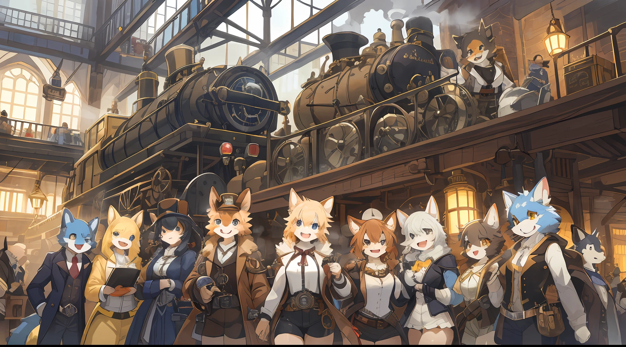dynamic angle, top quality, best quality, High-quality illustrations, masterpiece, super high resolution, detailed background, detailed background, steampunk, Steam engines, gear wheel, group shot:0.1, 6+boys, 6+girls, Happy, joyful, absurdres(highly detailed beautiful face and eyes)perfect ???????(kemono, furry anthro),