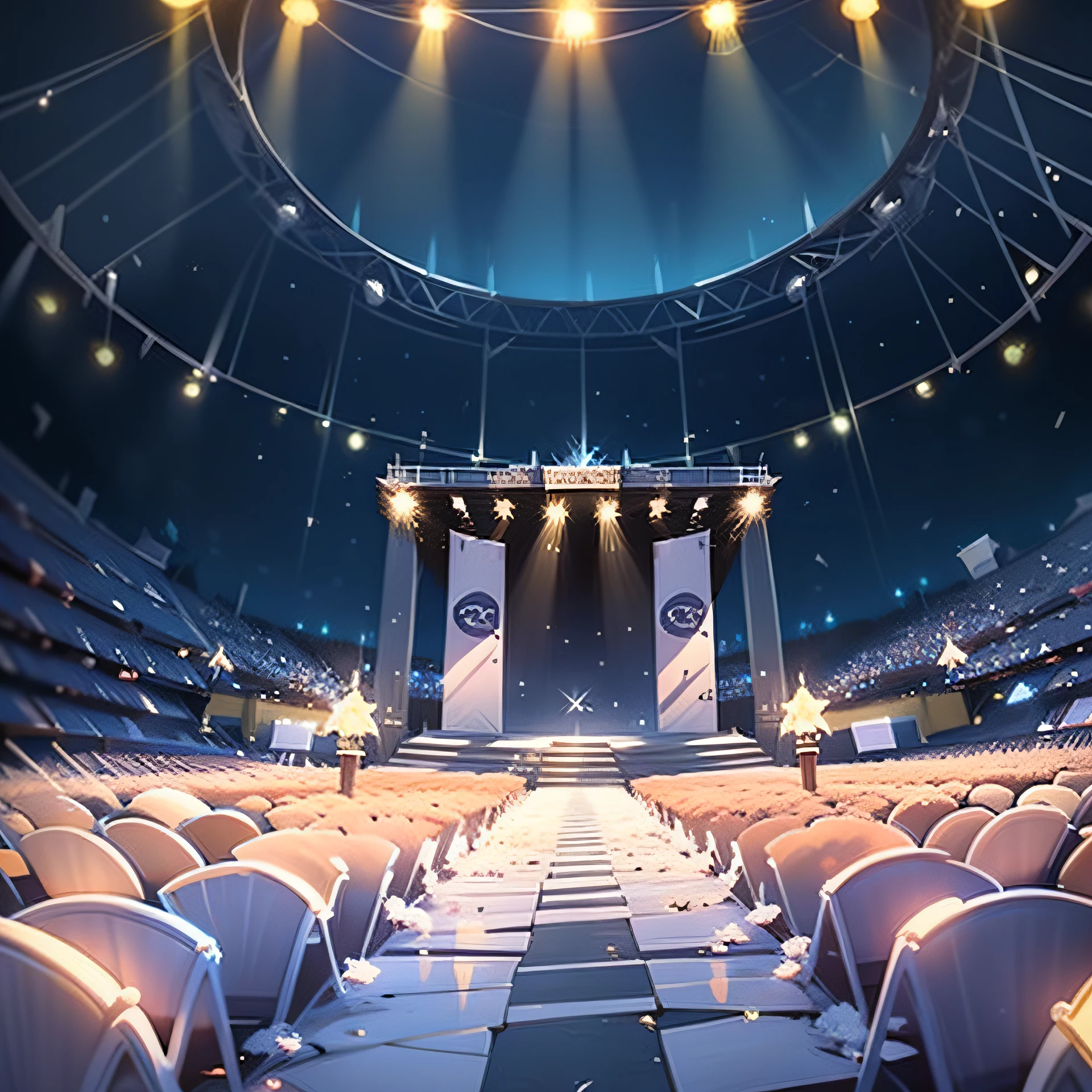 Top-down view,Close-up,Close-up of the stage,Stage floor,4/The area of 5 is the ground,The audience waved,lamplight,cheer,streamers,quadratic element,4k高清,