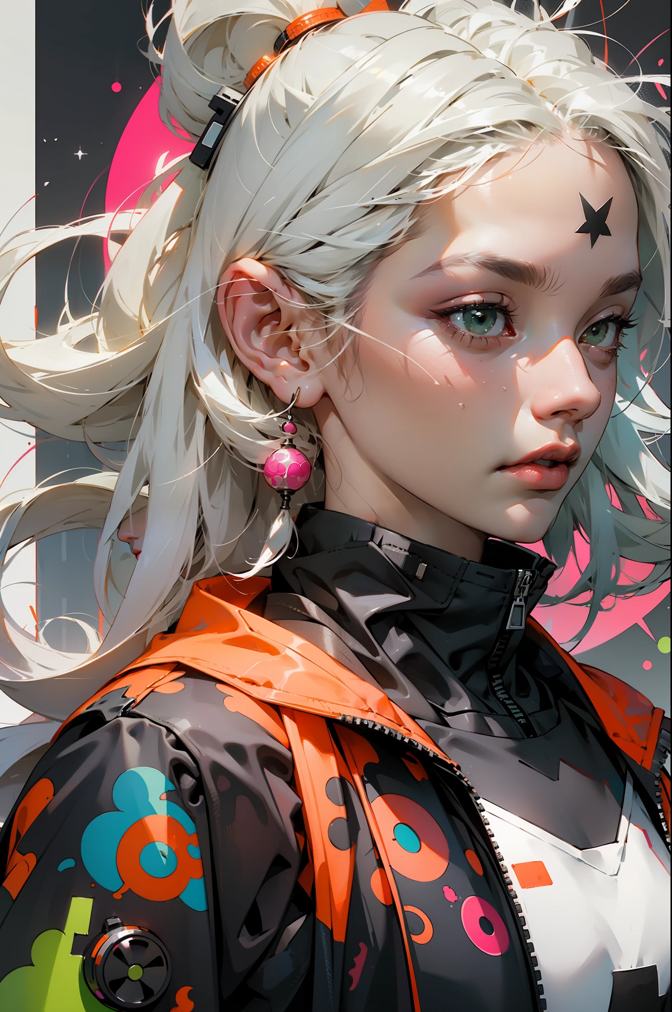 orange, pink, white, green, (white hair woman),tattoos, (techwear clothes:1.1),abstract lines and circles background