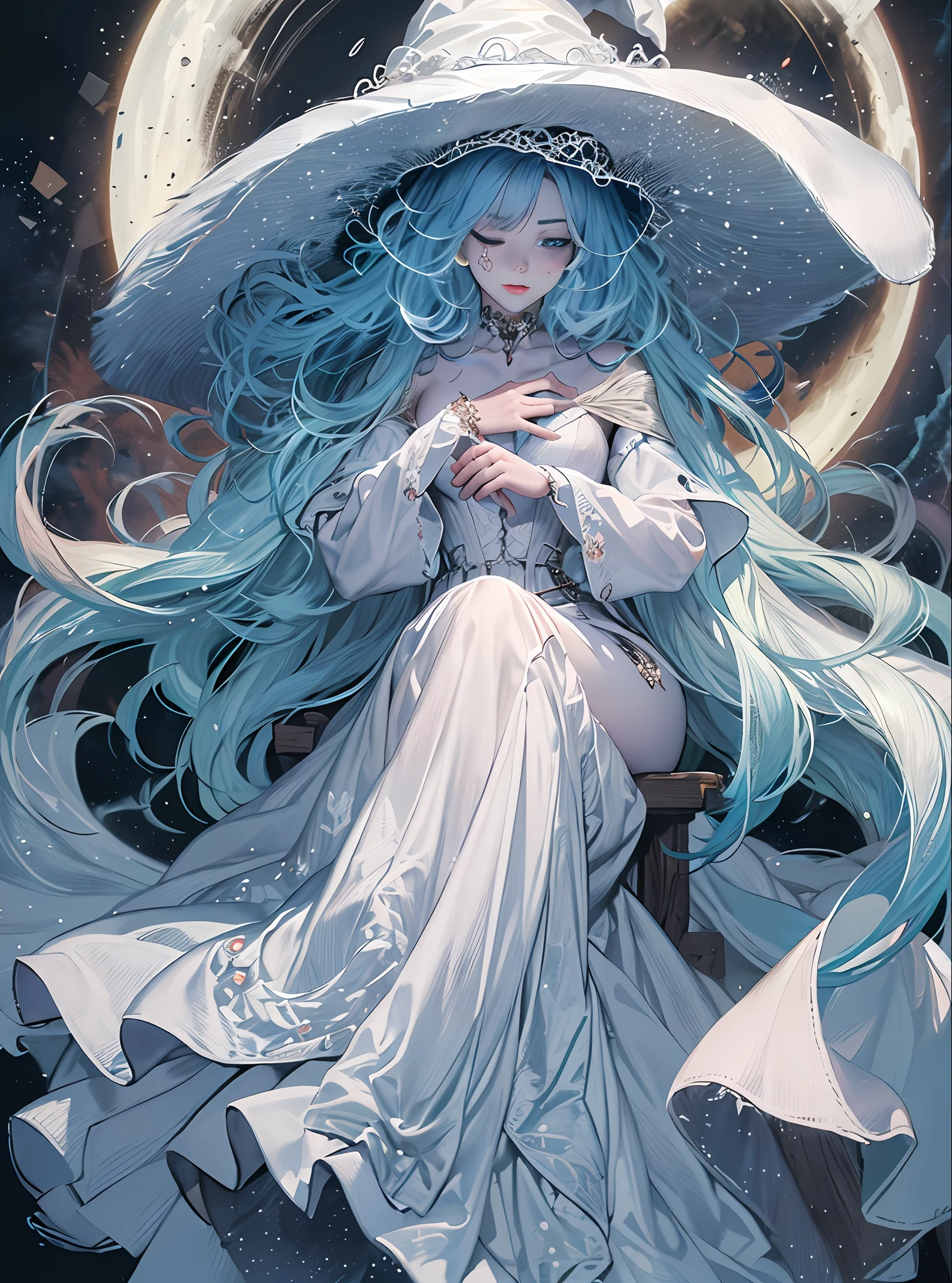 masterpiece, detailed, high quality, absurdres, ranni, 1girl, solo, cracked skin, doll joints, extra arms, one eye closed, blush, medium , curvy, witch hat, white headwear, fur cloak, white dress, ring, cowboy shot, intricate details , moon , sitting in the moon , 1girl, (((Ranni))), (((elden ring))), (((Blue skin))), blue face, four arms, dark blue hair, long hair, wavy hair, dark blue eyes, one closed eye, witch hat, big hat, white hat, white dress, long dress, long sleeves, angelic aura, magical aura, hand behind