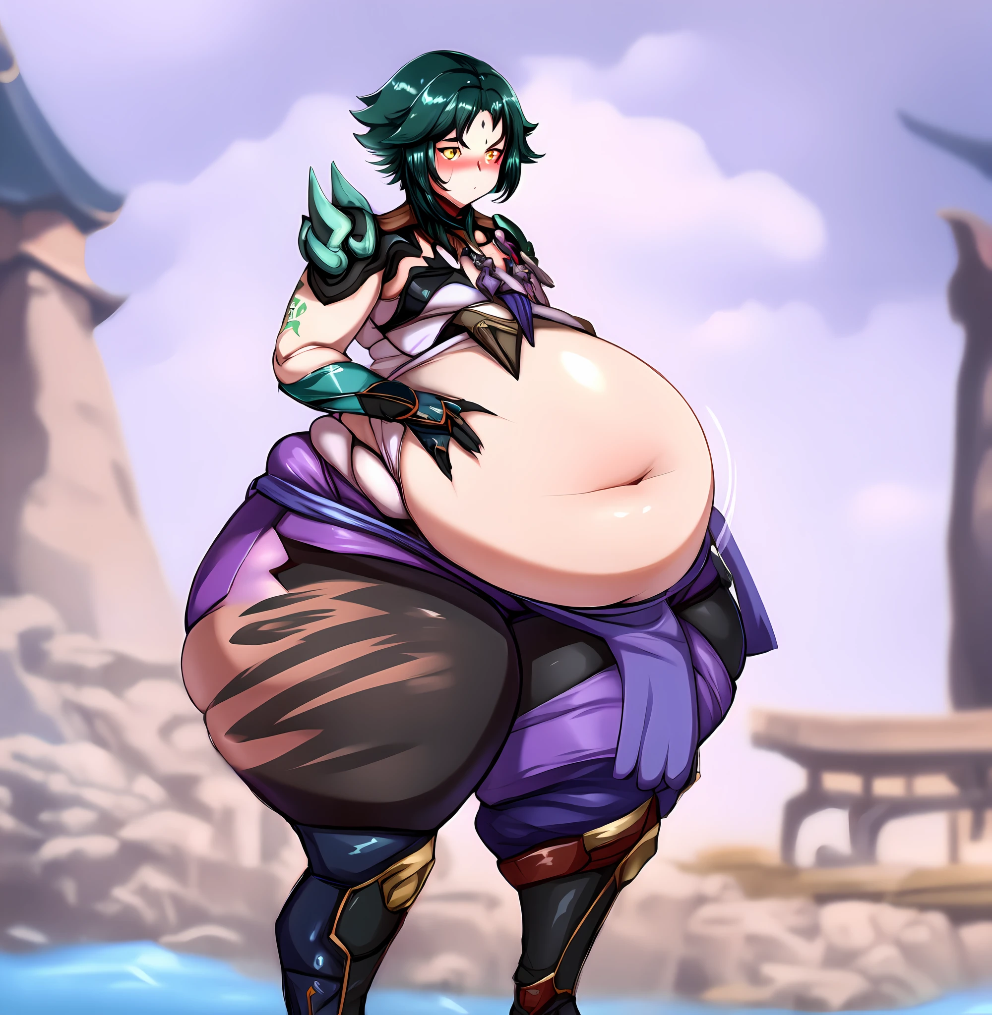 Anime ,there is a man in a white , black ,green and purple outfit standing in the water, thicc, he has a jiggly fat round belly, insanely inflated hips, fat man, strong fat bacchanalian body, heavy looking, obese ), mighty plump female sorceress, thick smooth warframe thighs, his belly is fat and round,yellow eyes, green hair, short hair, tattoo, forehead tattoo, necklace, 1boy, solo focus, male focus, black within green hair, xiao \(genshin impact\), expression(Embarrassed, Pouting))