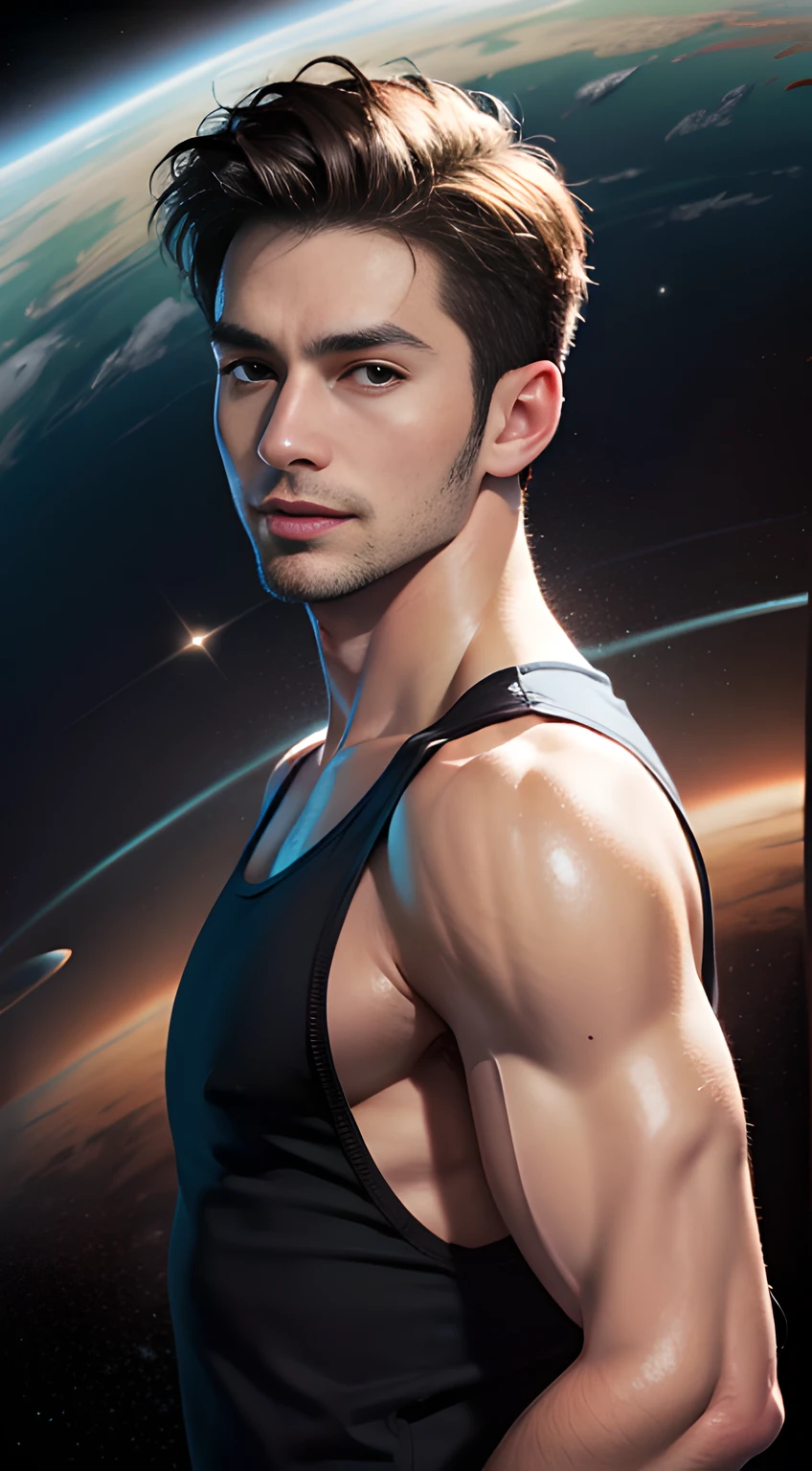 ((Men only)), (head shot), (Frontal Face), (Handsome muscle man in his 20s floating in space), (Wearing a blue tank top), (Planets and nebulae in the background),  Chris Redfield, Mischievous smile, (detaile: 1 in 1), Natural muscles, HIG quality, beautidful eyes, (Detailed face and eyes), (Face、: 1 / 2), Noise, Real Photographics、... ..................................................................................................PSD, Sharp Focus, High resolution 8K, realisitic & Professional Photography, 8K UHD, Soft lighting, High quality, Film grain, FujifilmXT3