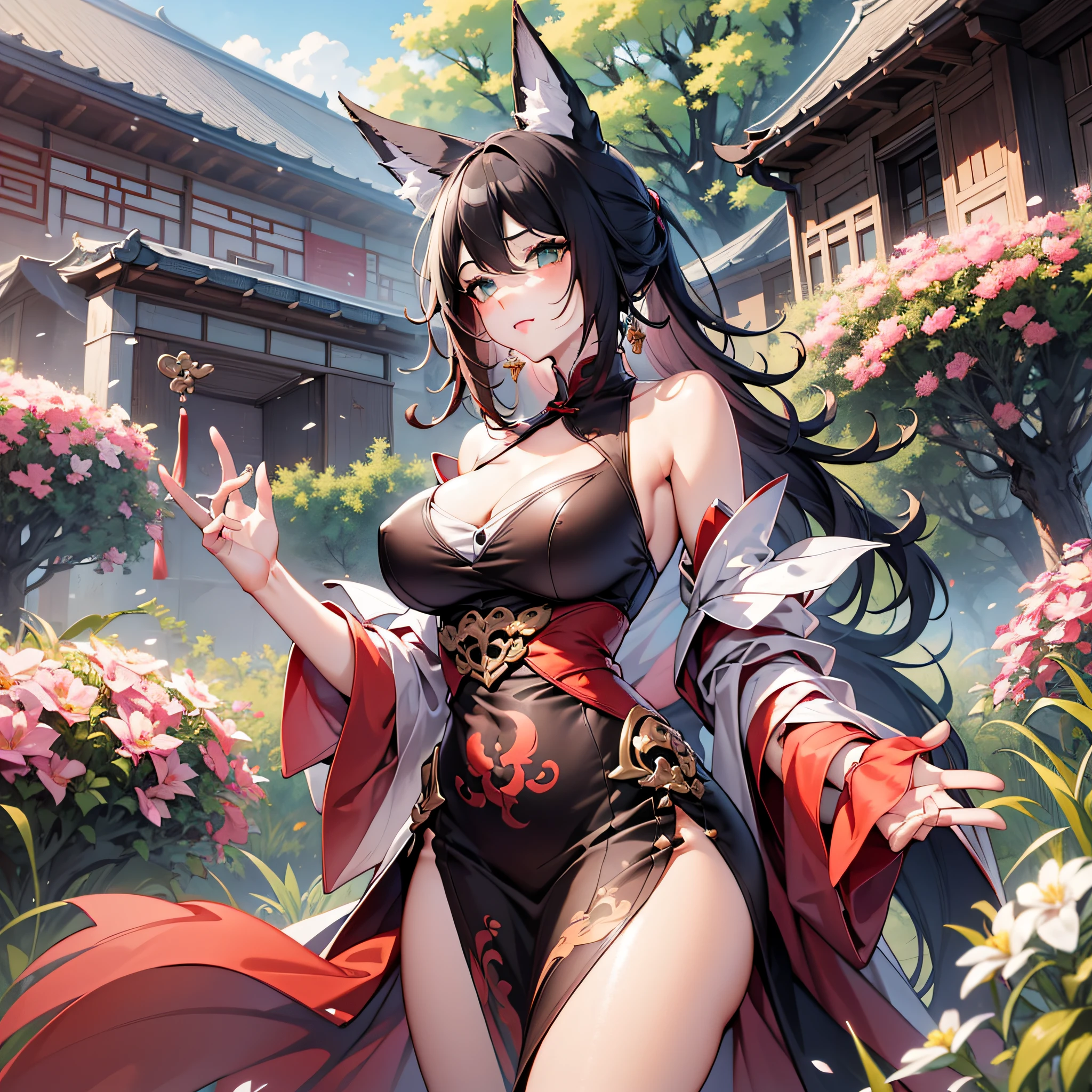Tingyundef, woman with fox ears and tail, her body is more voluptuous, her breasts are big, she wears a low-cut red dress, with some embroidered details thus giving transparency to the fabric, in the region of the breasts, she is walking in amid the white flowers of a garden, in the background it is possible to see a temple in Chinese style, perfect anatomy, perfect hands, beautiful face, no extra limbs, knee-length, ultra resolution, 4k quality, 1 girl.
