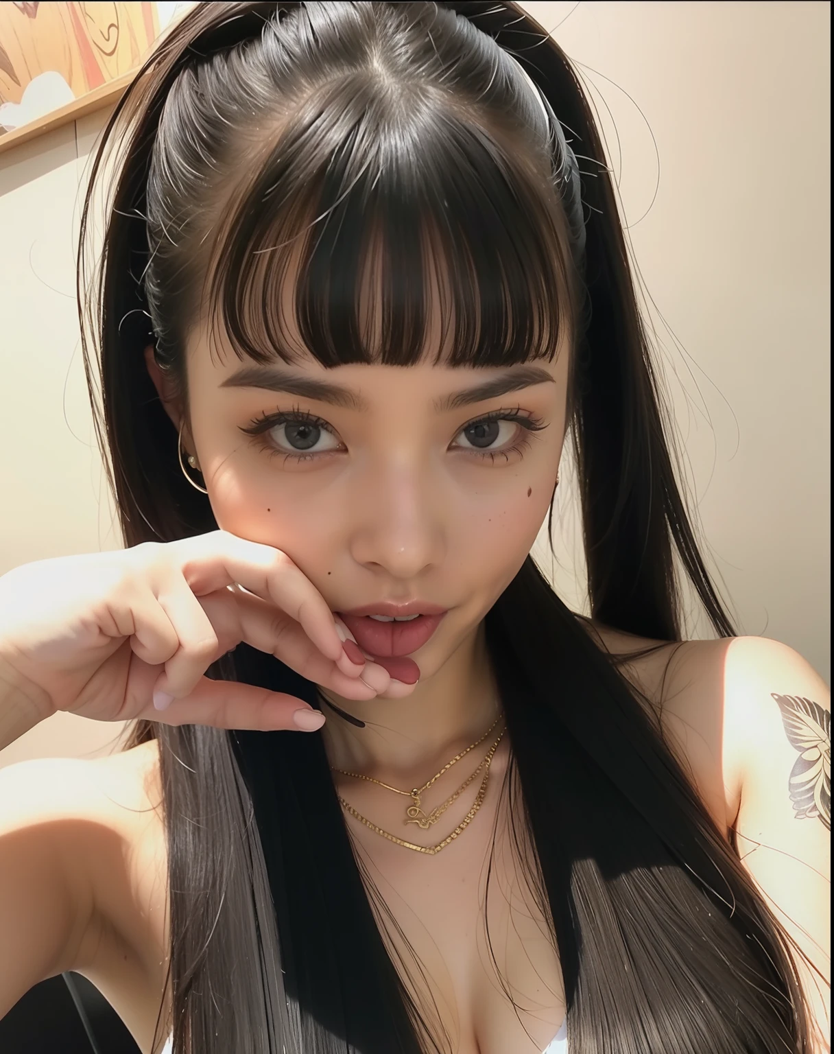 melhor qualidade, obra-prima, 1girl, rosto bonito, (foto realista: 1.3), (pele altamente detalhada: 1.2), 8k uhd, dslr, alta qualidade, alta resolução, 4k, 8k, best aspect ratio, four fingers;, (realista: 1.3), bonito 1giRl, well tattooed showing the tongue