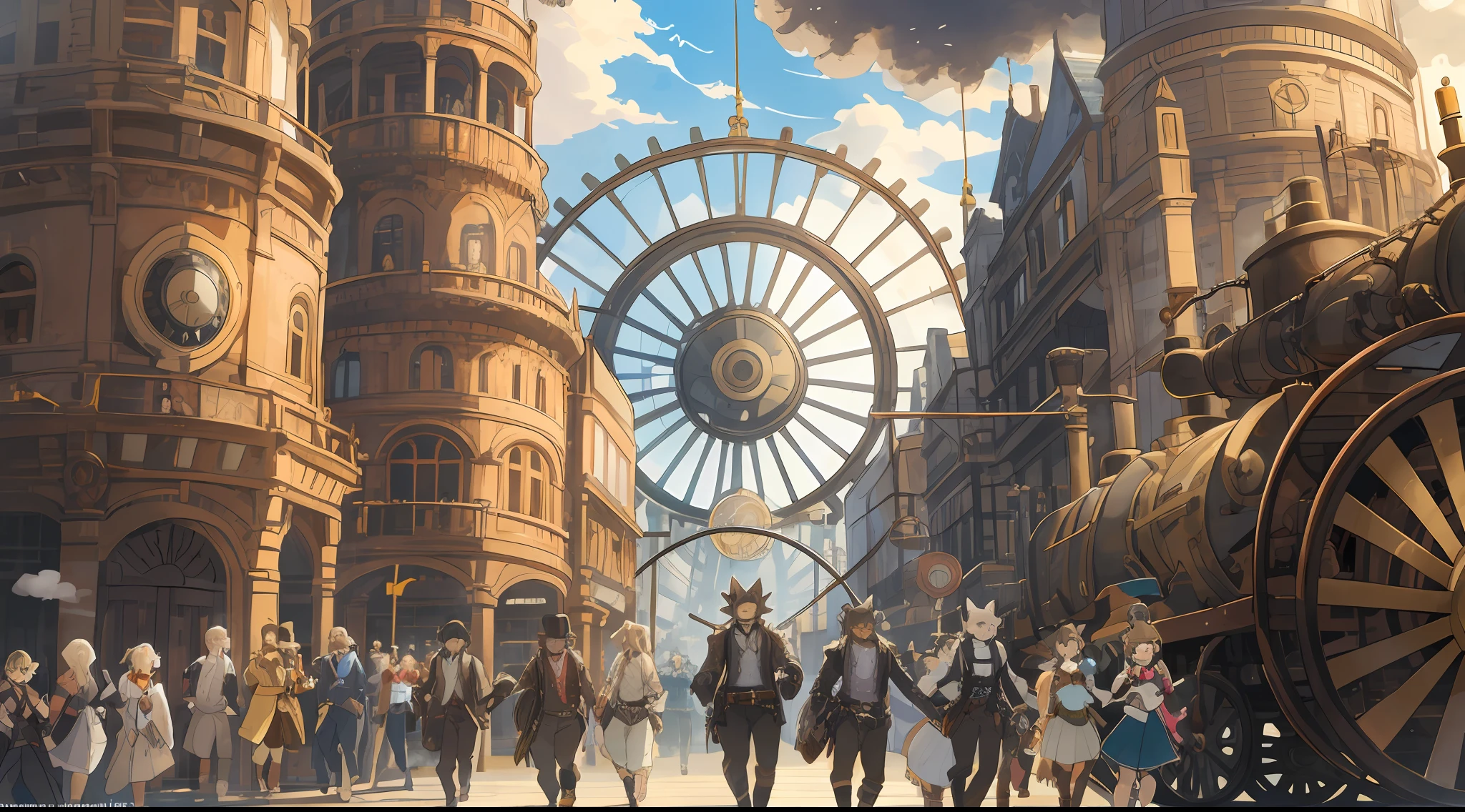 dynamic angle, top quality, best quality, High-quality illustrations, masterpiece, super high resolution, detailed background, detailed background, steampunk, Steam engines, gear wheel, group shot:0.1, 6+boys, 6+girls, Happy, joyful, absurdres(highly detailed beautiful face and eyes)perfect anatomy(kemono, furry anthro),