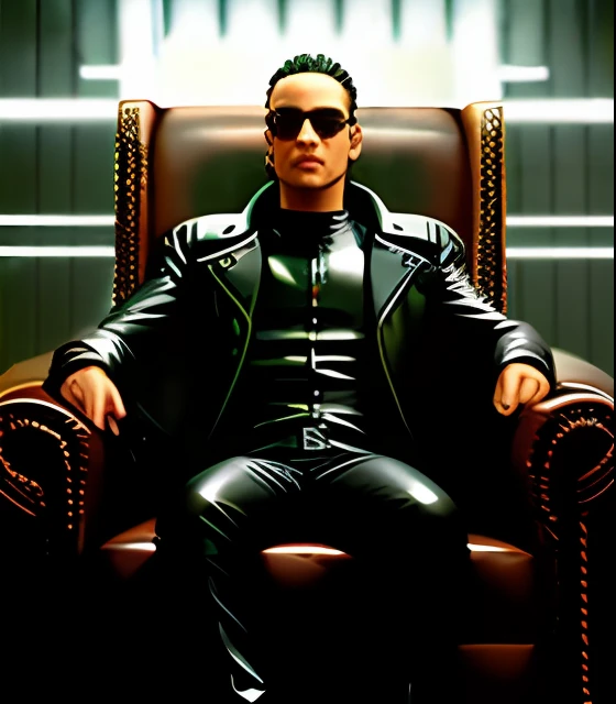 Man in leather jacket sitting in a chair with his hands out, pipoca como Morpheus, Morpheus, No novo filme Matrix, em matriz, Trindade a Matriz, Trindade da Matriz, neo da matriz, neo da matriz, Shrek como Neo de Matrix, estilo matricial, na matriz, como matriz, matriz, A Matriz