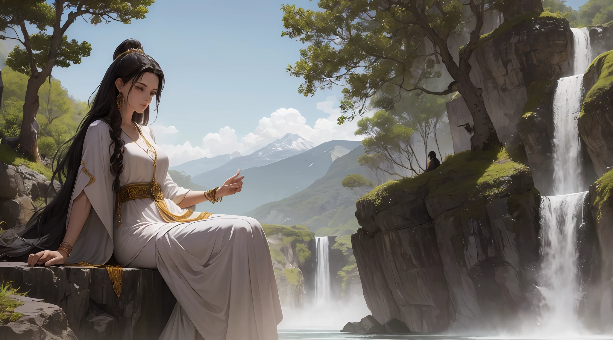 Mujer"Sacerdotisa voluptuosa y misteriosa meditando en un paisaje encantador cerca de una cascada, Dressed in a sacred robe and adorned with tattoos and piercings, framed by a magnificent Hindu temple. The image is an ultra-realistic representation captured in stunning detail."