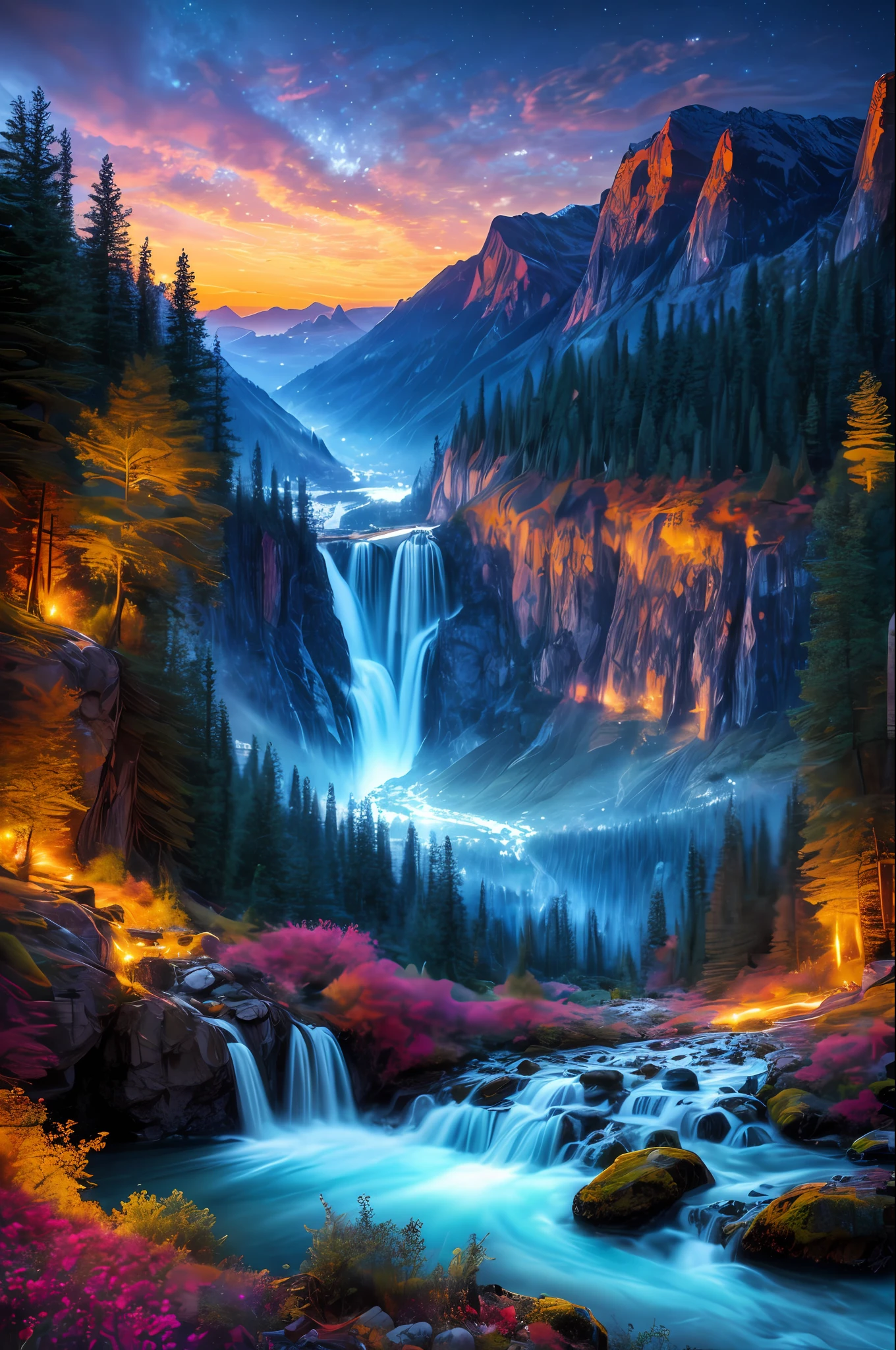 best quality, masterpiece, beautiful wild and natural fantasy landscape with glowing lights