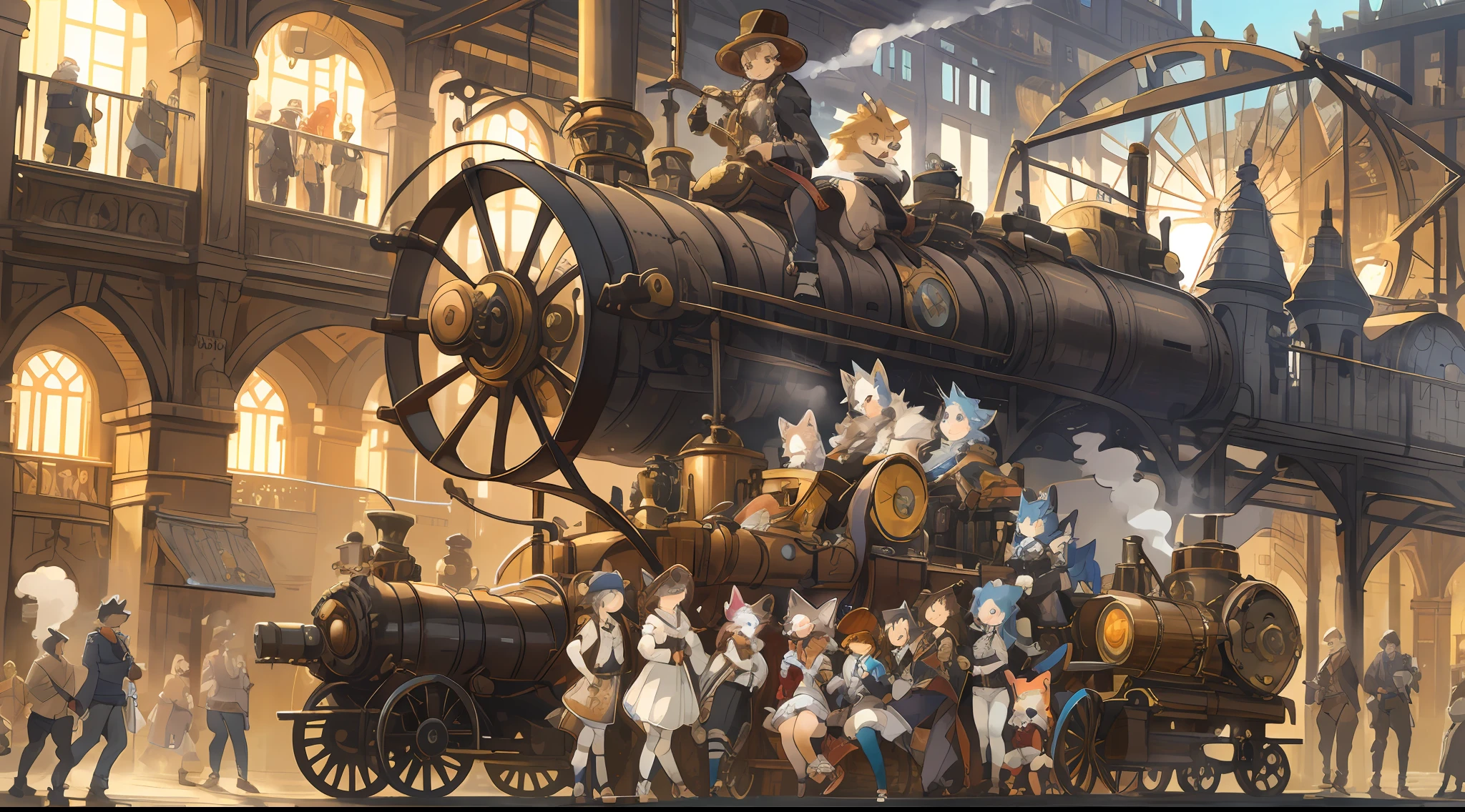 dynamic angle, top quality, best quality, High-quality illustrations, masterpiece, super high resolution, detailed background, detailed background, steampunk, Steam engines, gear wheel, group shot:0.1, 6+boys, 6+girls, Happy, joyful, absurdres(highly detailed beautiful face and eyes)perfect anatomy(kemono, furry anthro),