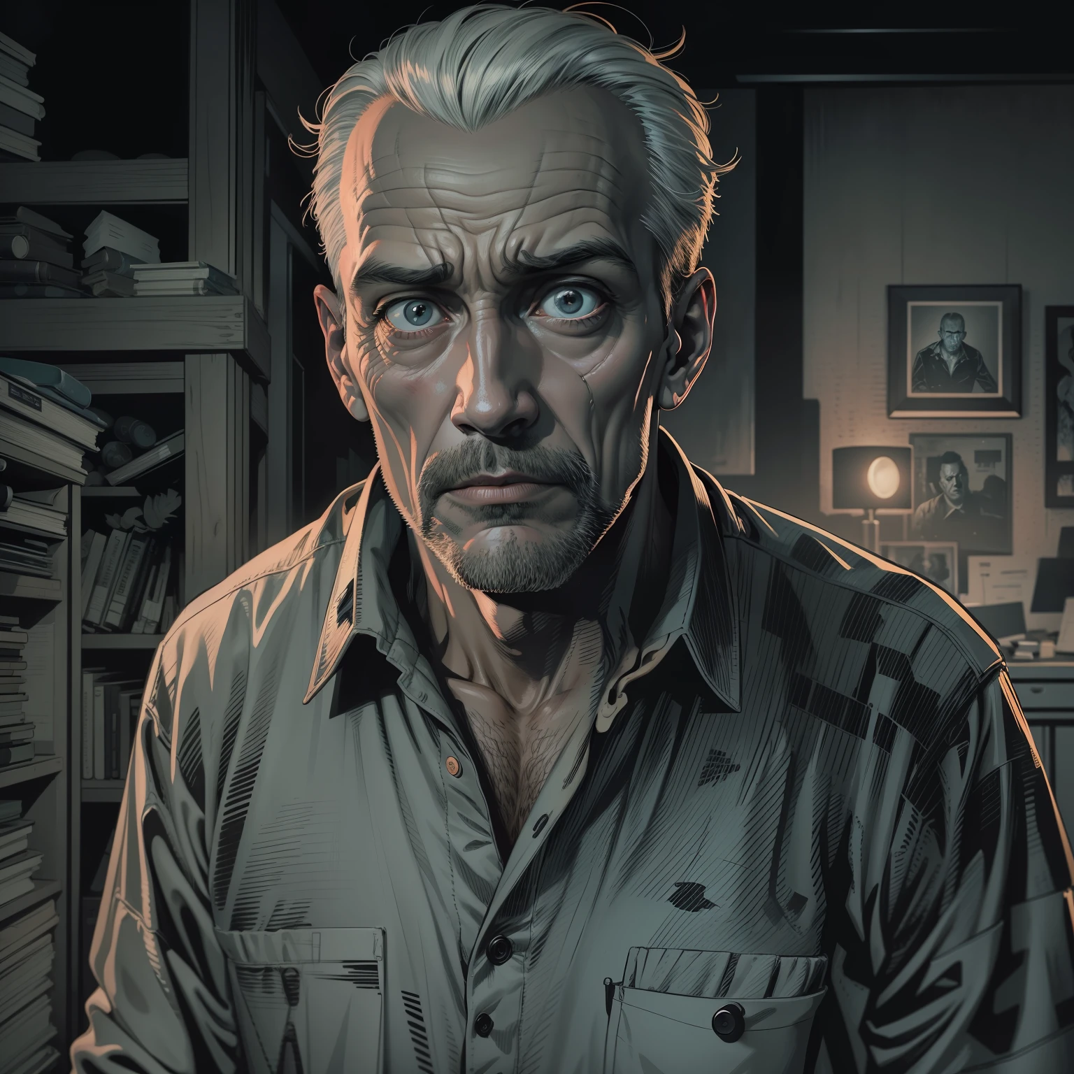 very detailed and extremely intricate 8k image in horror graphic novel style art of a 50 year old man, confused, very detailed eyes, dressed in black pajamas, standing in a plain, dark room, night